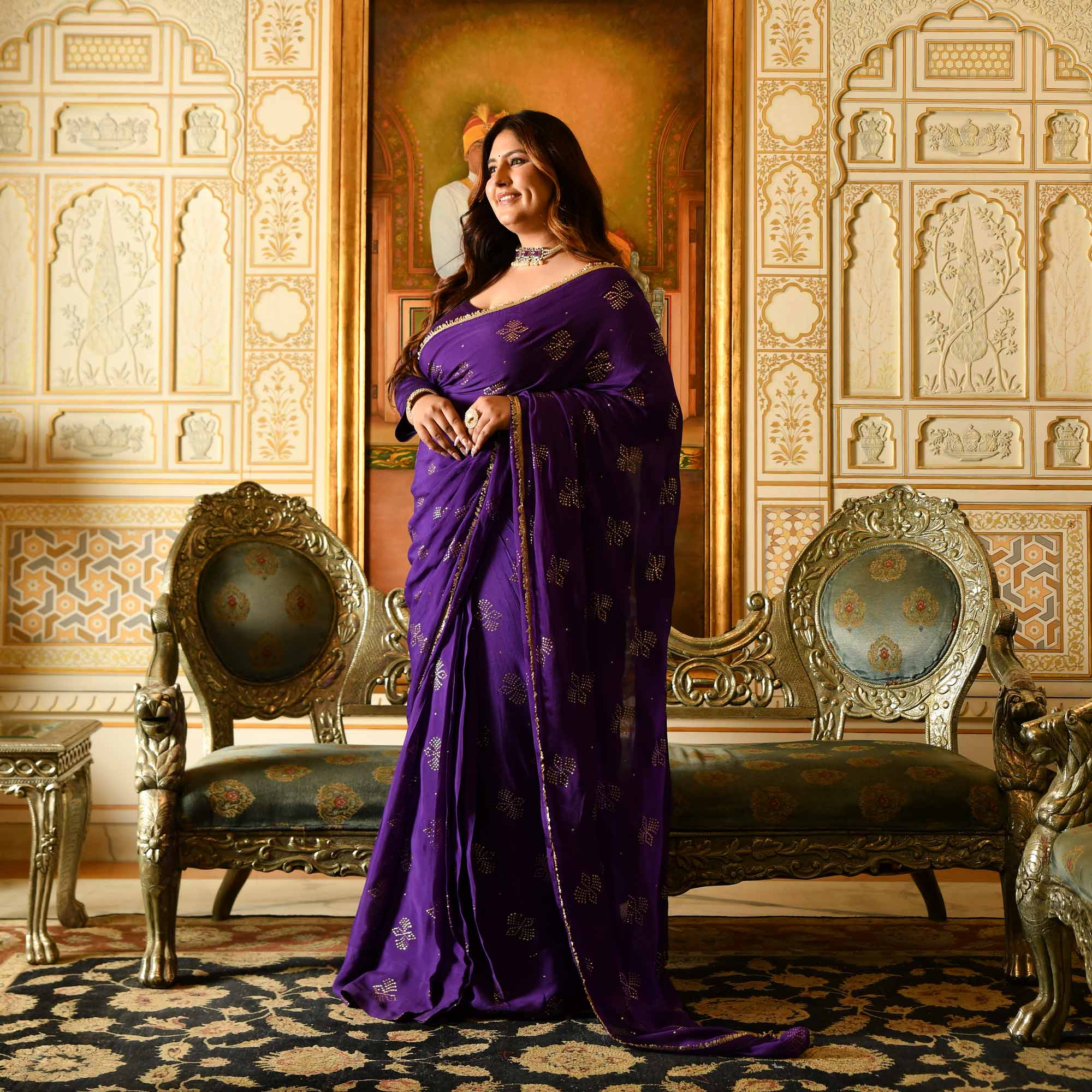 Regal Drapes- Deep Purple & Gold Embroidered Pre-drape Saree Set