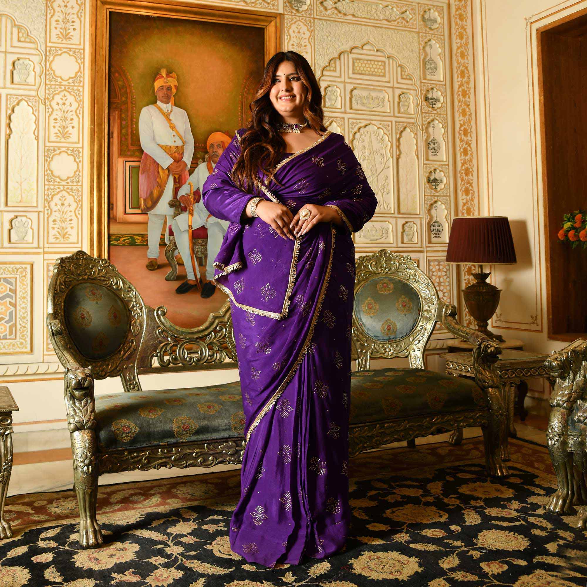 Regal Drapes- Deep Purple & Gold Embroidered Pre-drape Saree Set