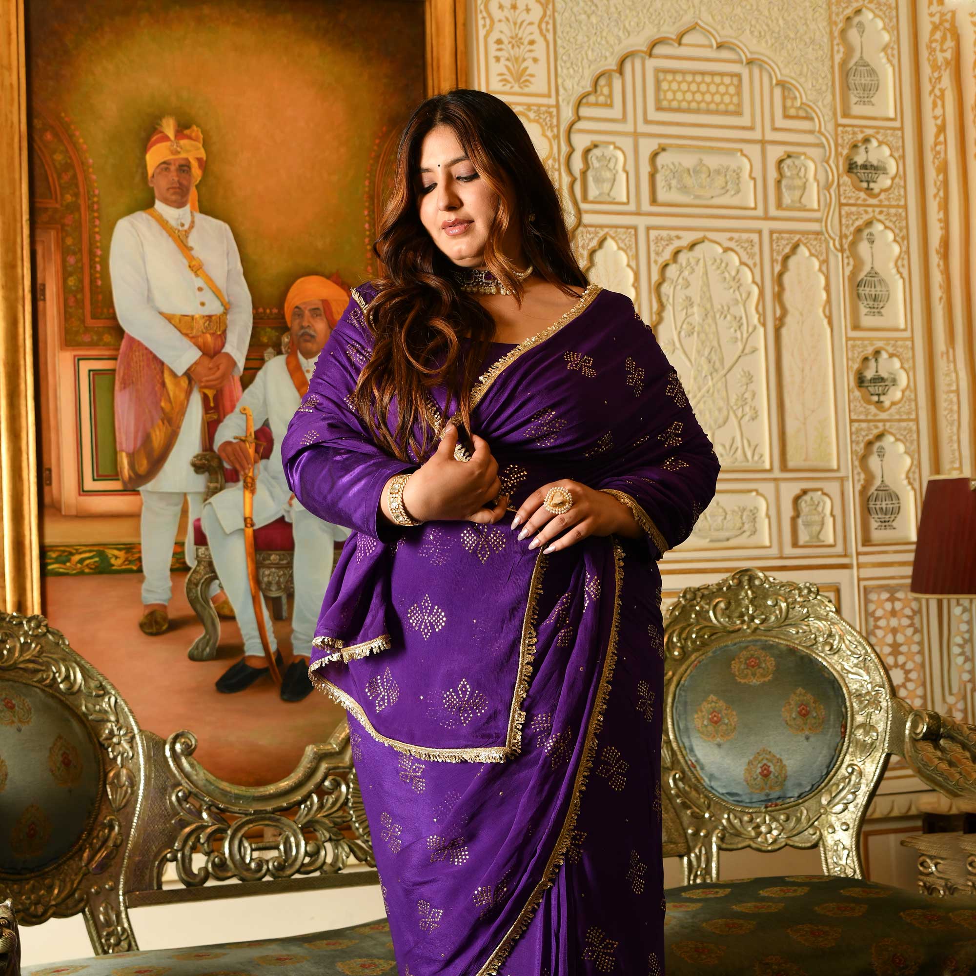 Regal Drapes- Deep Purple & Gold Embroidered Pre-drape Saree Set