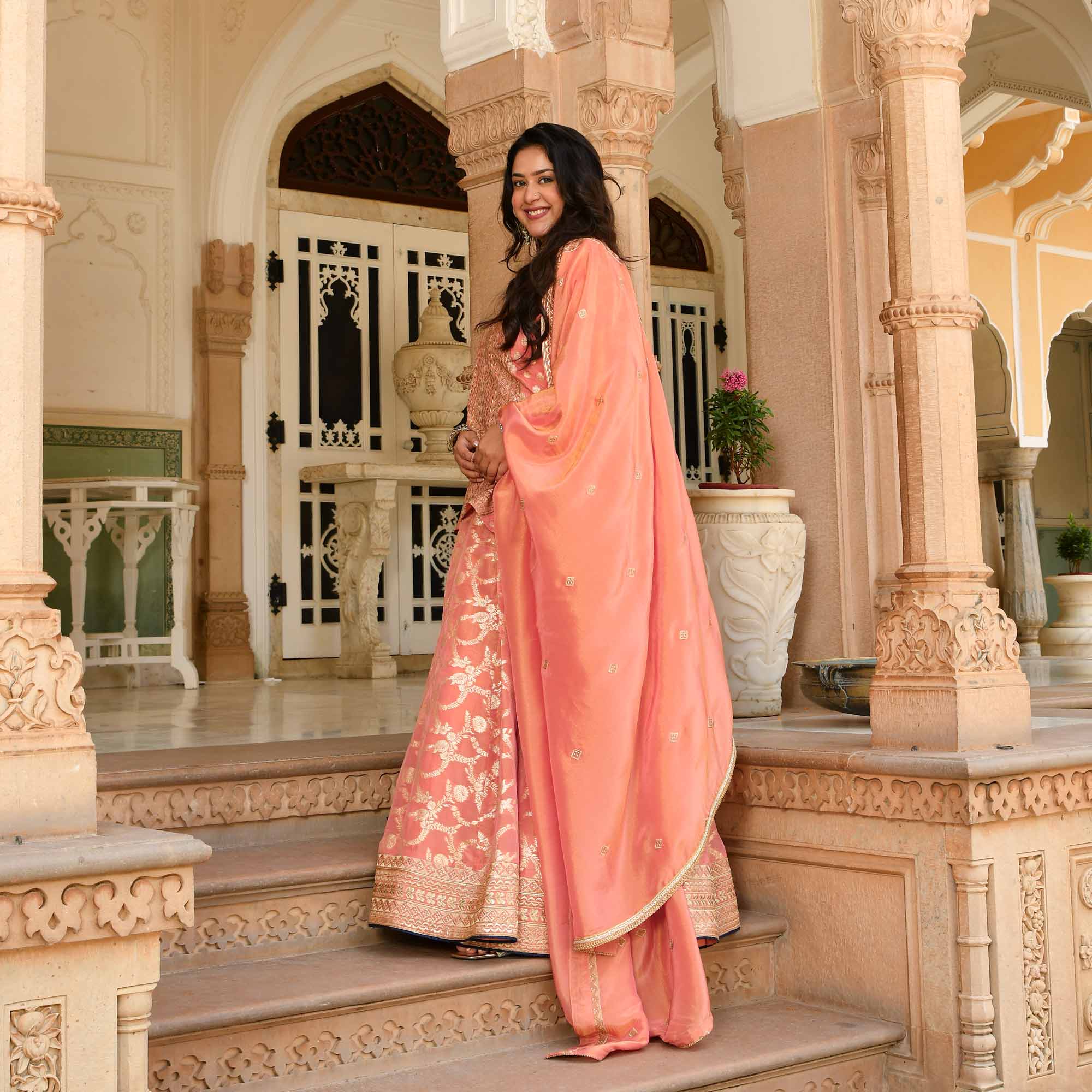 Preet- Peach Banarasi Tissue Silk Sequin Embroidered Lehenga Set