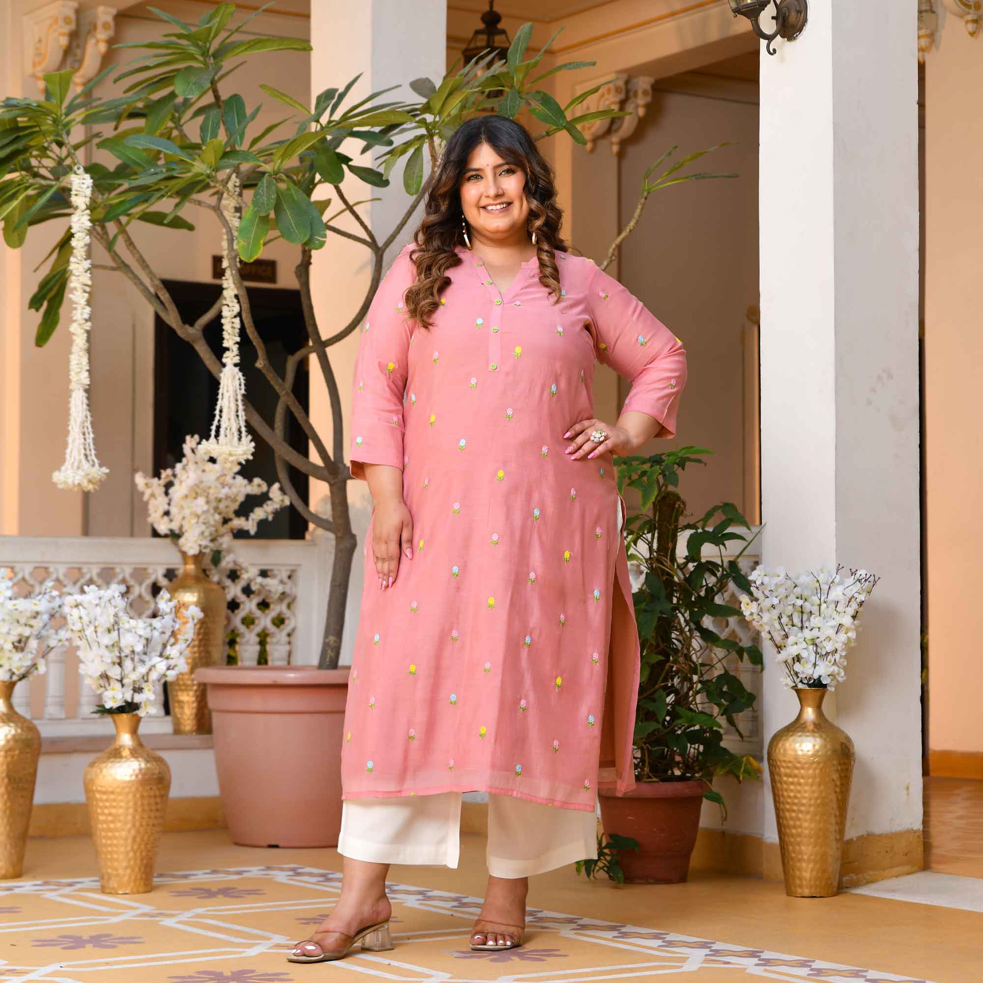 Nani House- Pastel Peach Floral Thread Embroidered Mul Chanderi Kurta