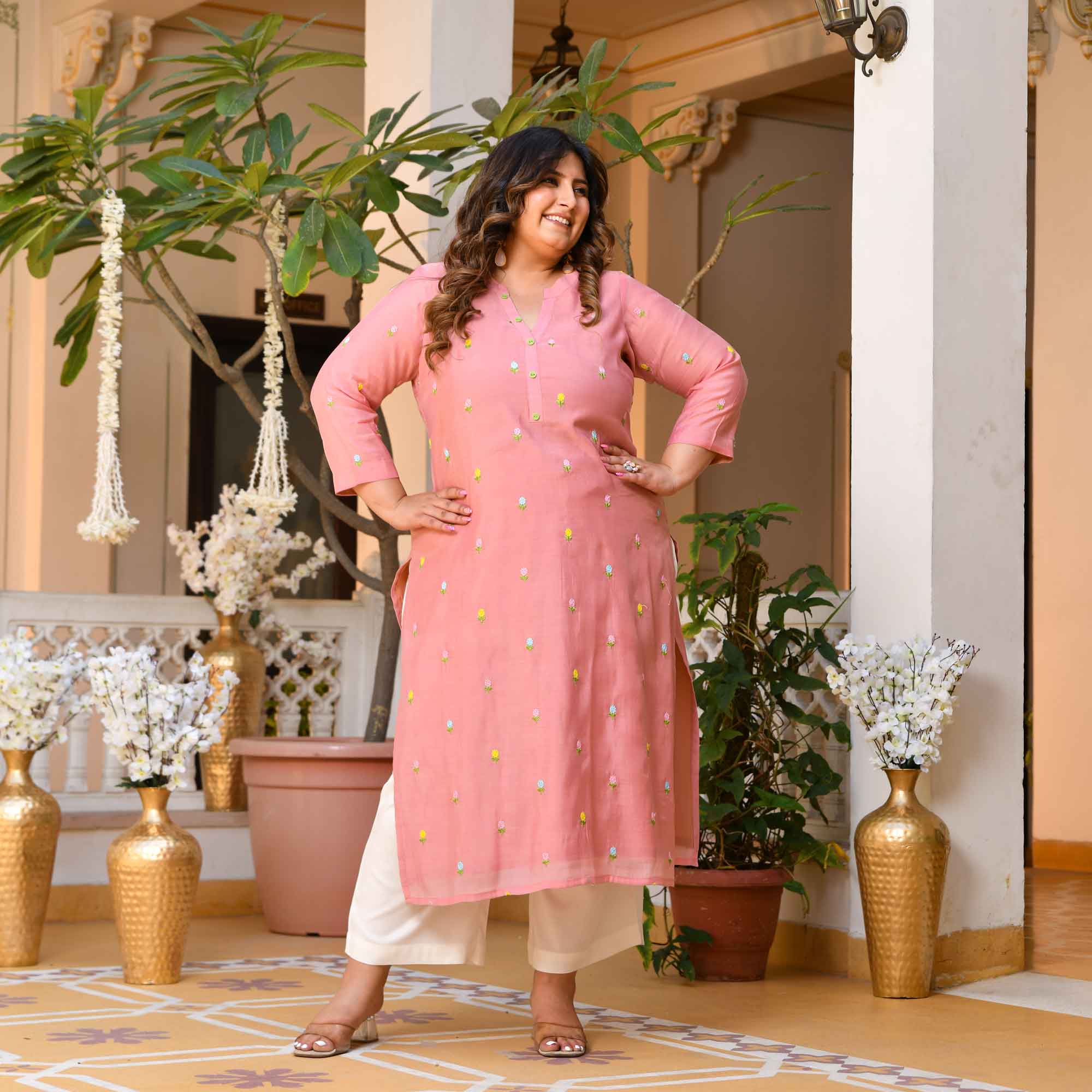Nani House- Pastel Peach Floral Thread Embroidered Mul Chanderi Kurta
