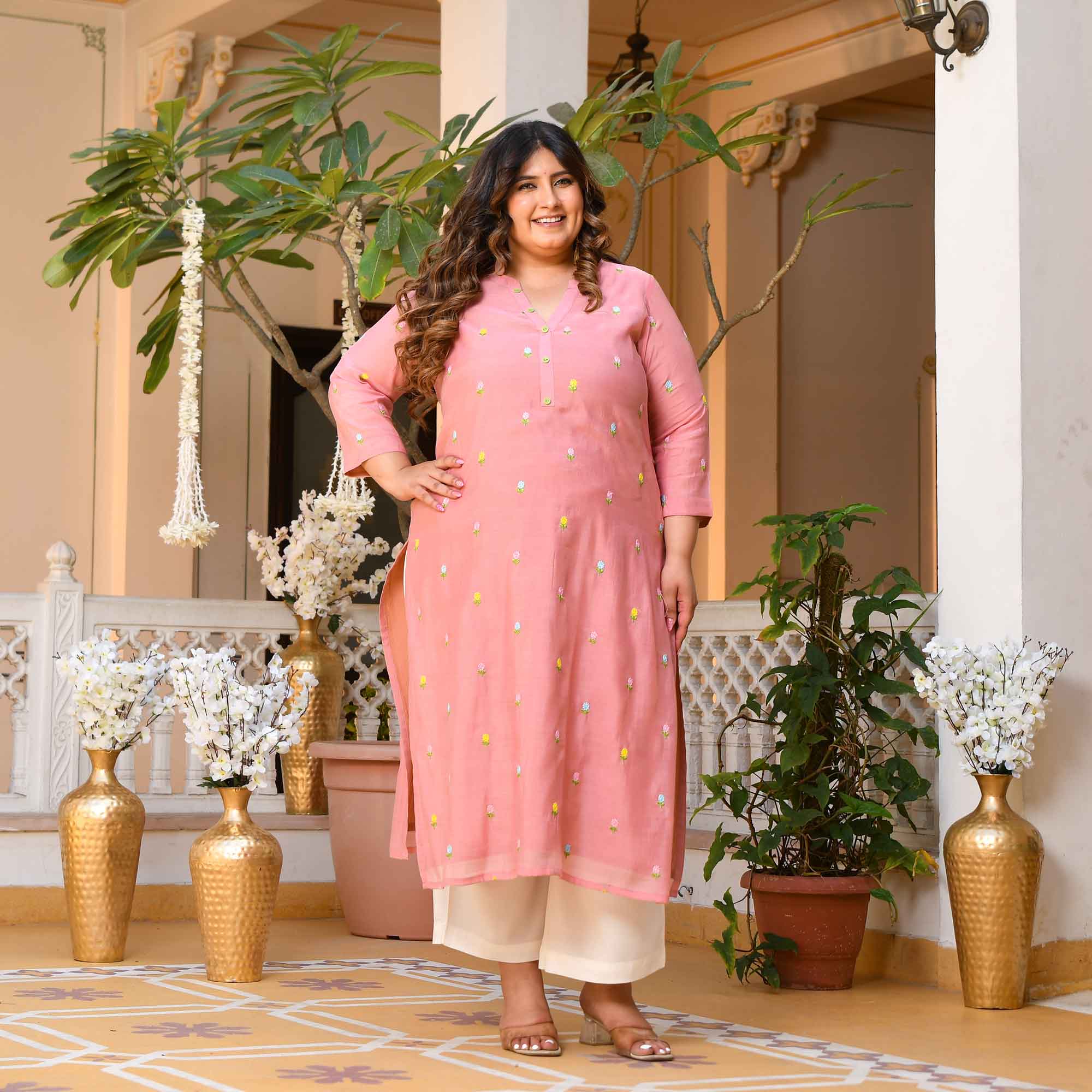 Nani House- Pastel Peach Floral Thread Embroidered Mul Chanderi Kurta
