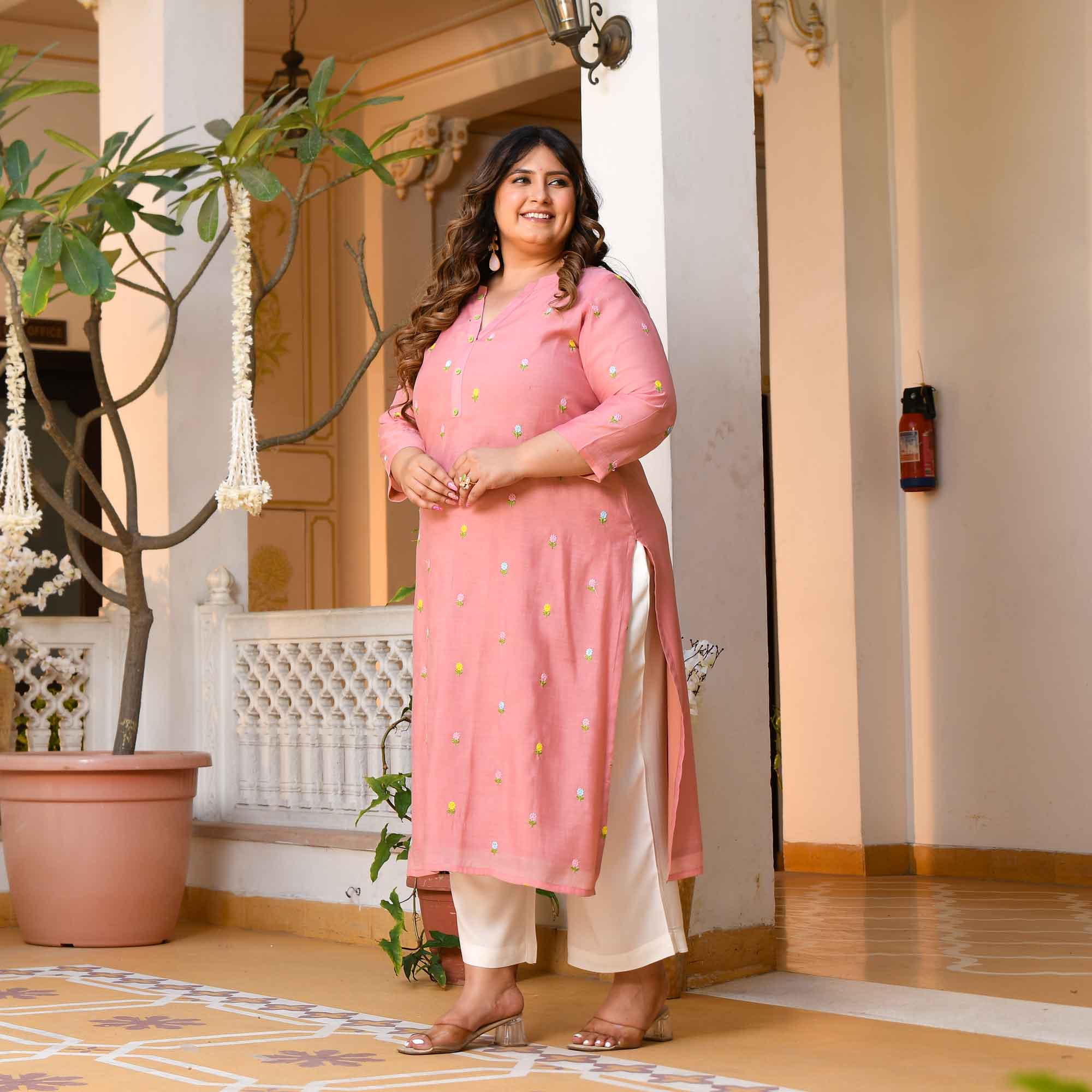 Nani House- Pastel Peach Floral Thread Embroidered Mul Chanderi Kurta