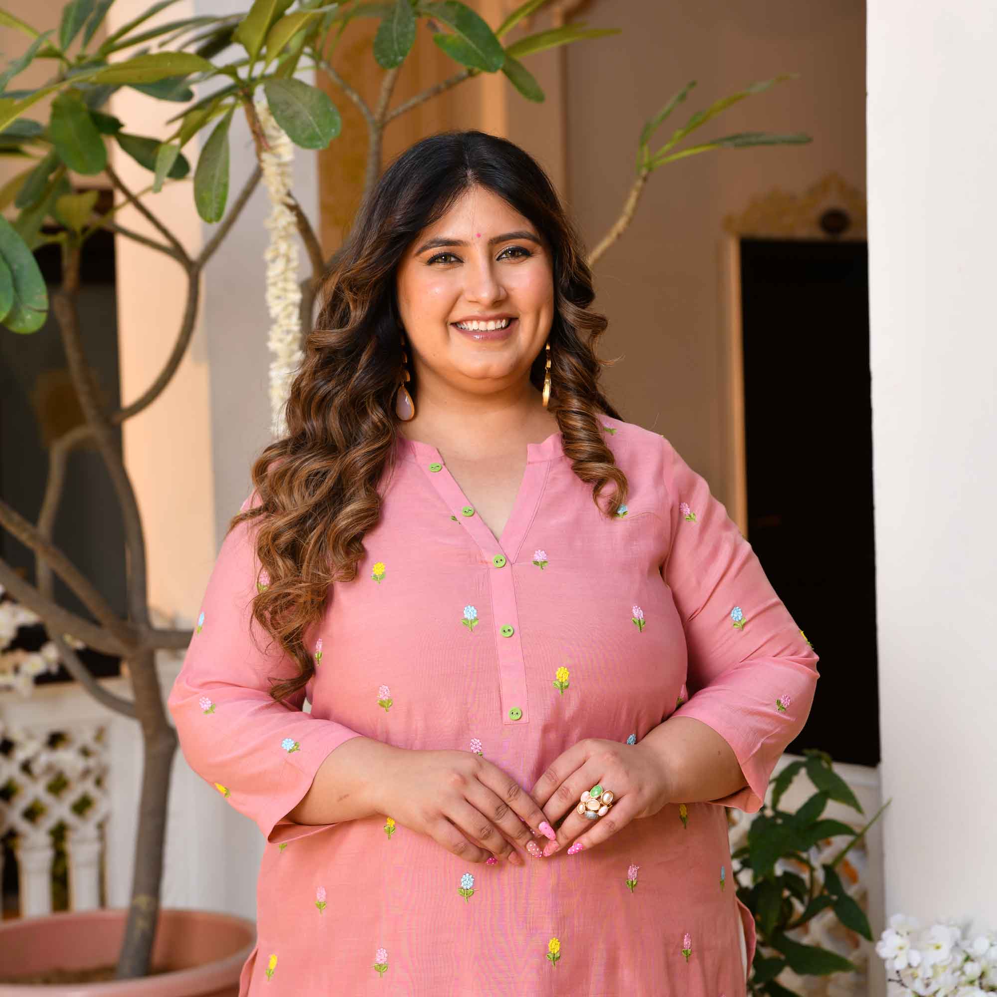 Nani House- Pastel Peach Floral Thread Embroidered Mul Chanderi Kurta