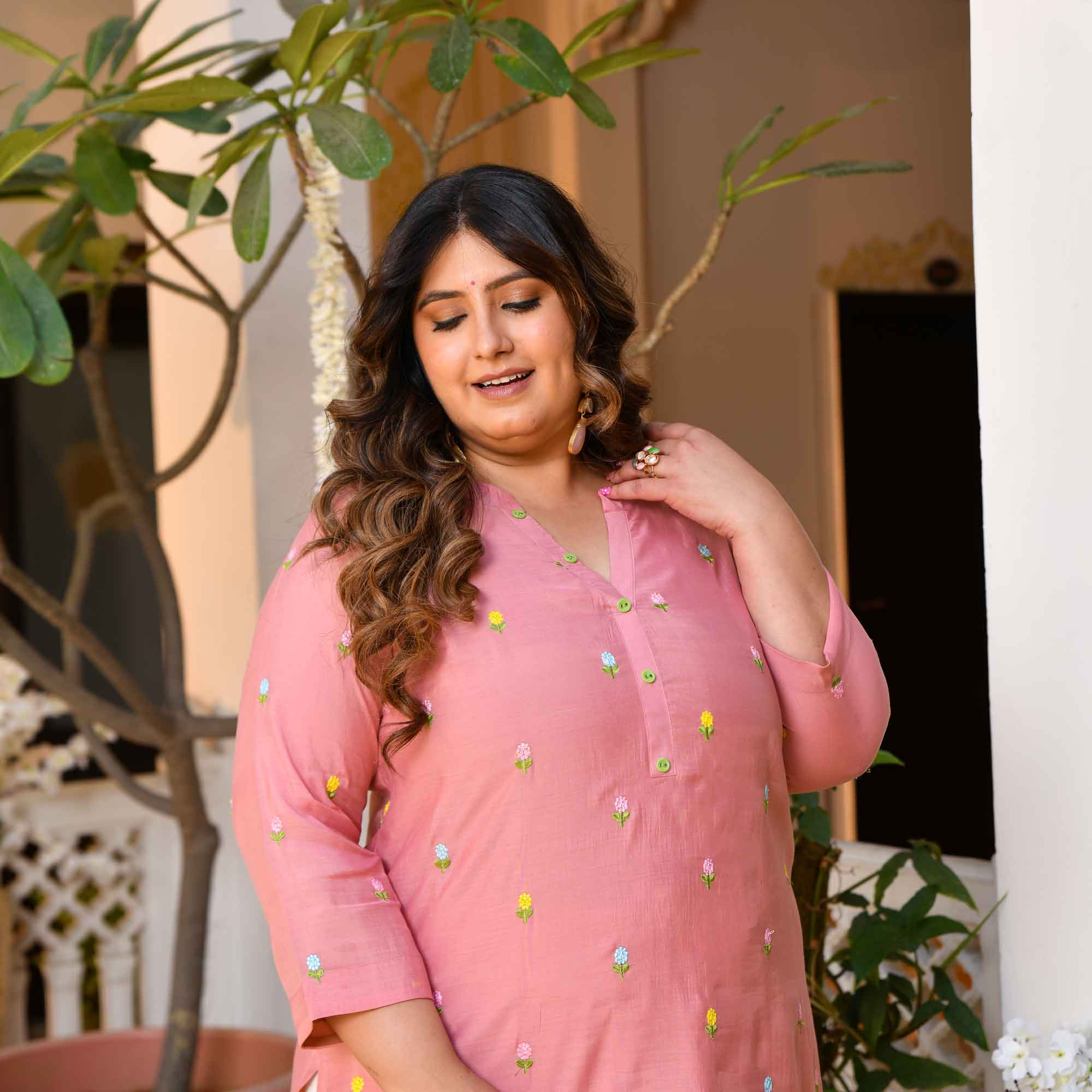 Nani House- Pastel Peach Floral Thread Embroidered Mul Chanderi Kurta