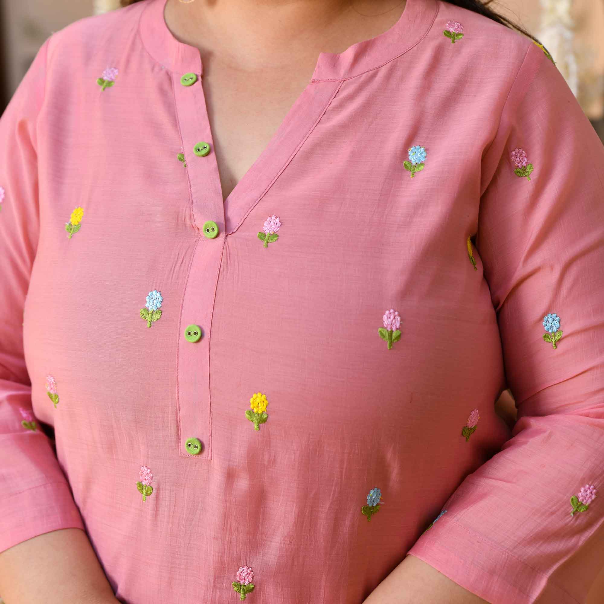 Nani House- Pastel Peach Floral Thread Embroidered Mul Chanderi Kurta
