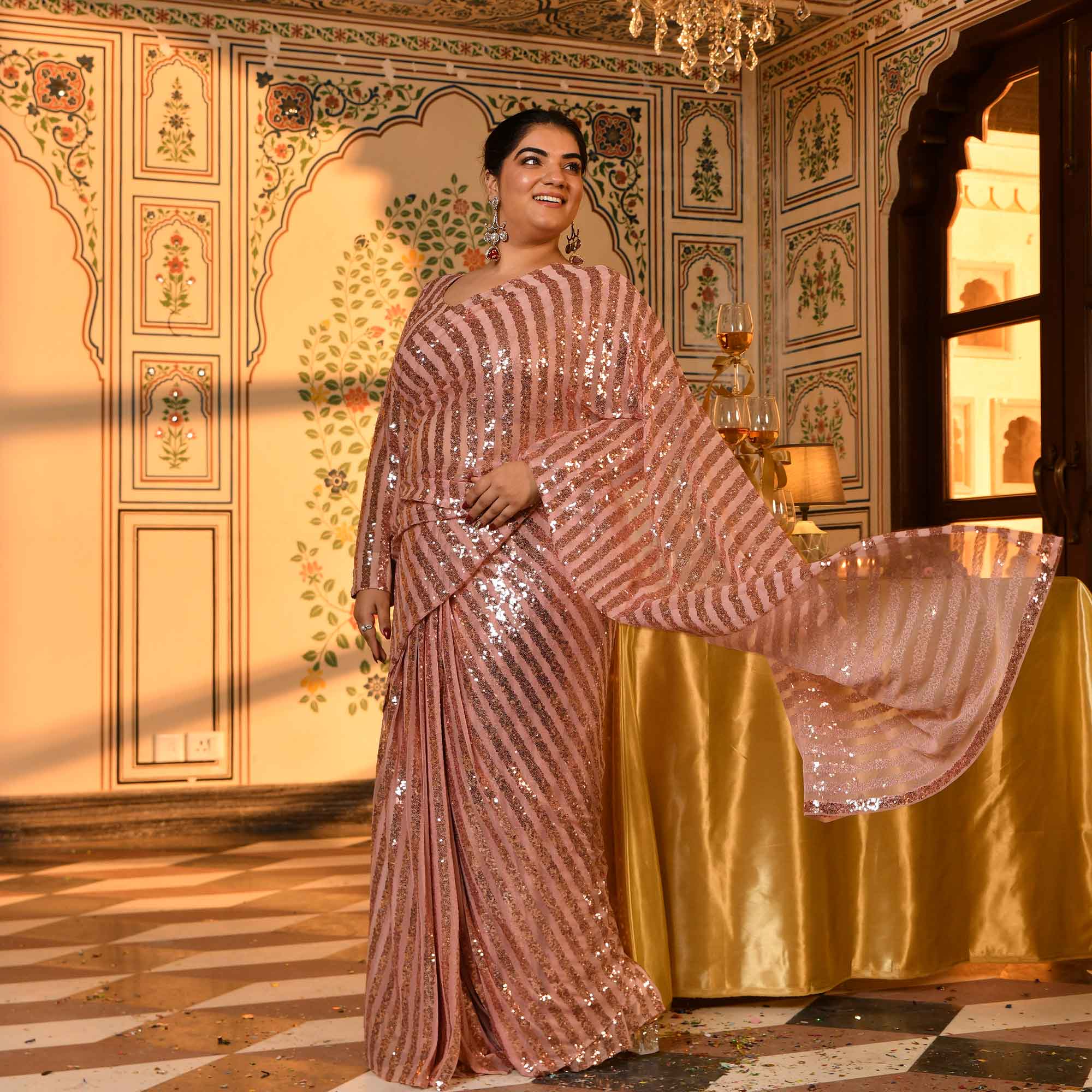 Queen Mary- Metallic Rose Sequin Embellished Stretchable Drape Saree