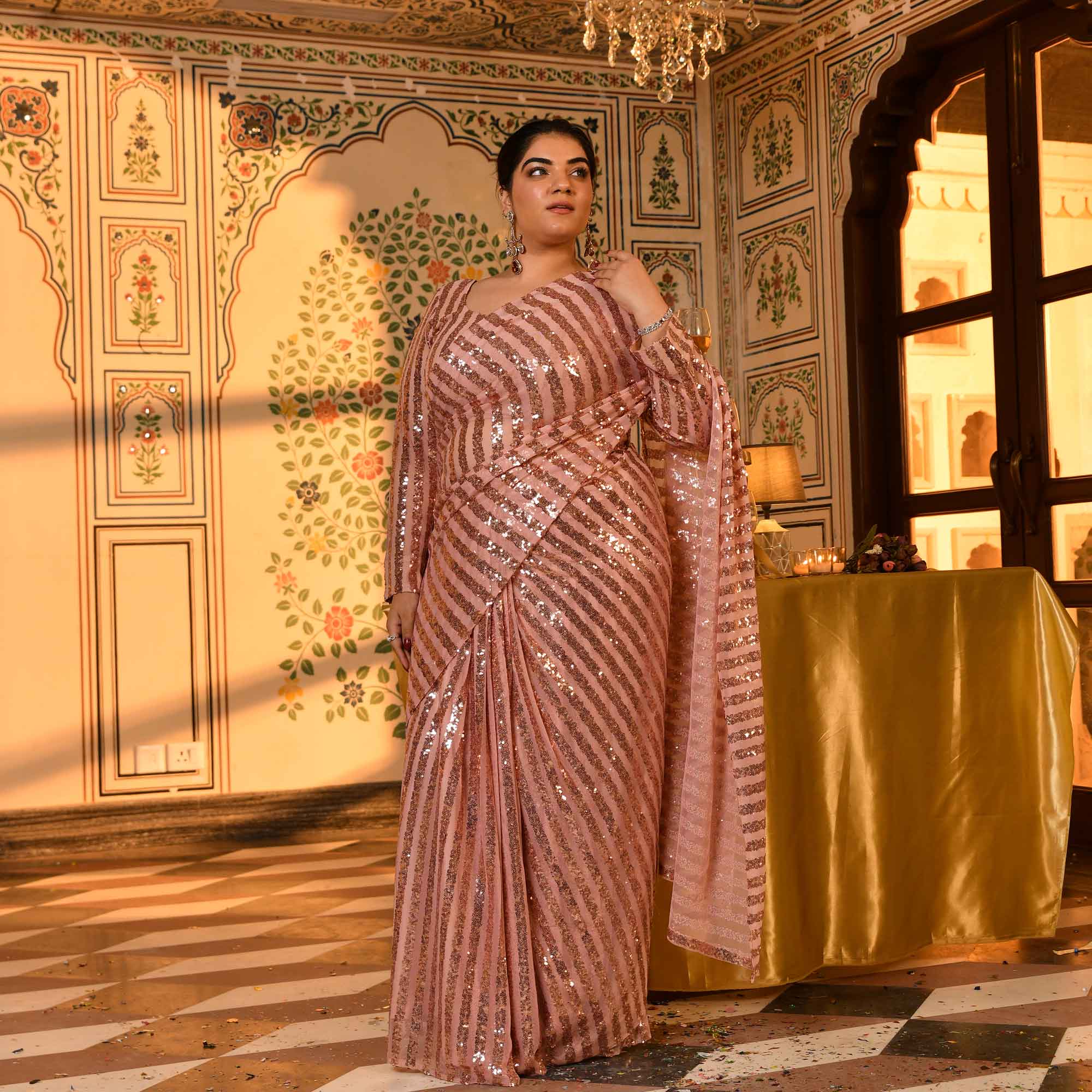 Queen Mary- Metallic Rose Sequin Embellished Stretchable Drape Saree