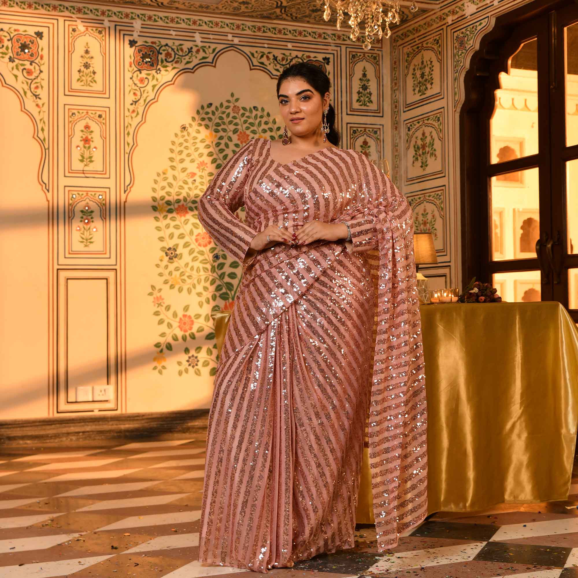 Queen Mary- Metallic Rose Sequin Embellished Stretchable Drape Saree