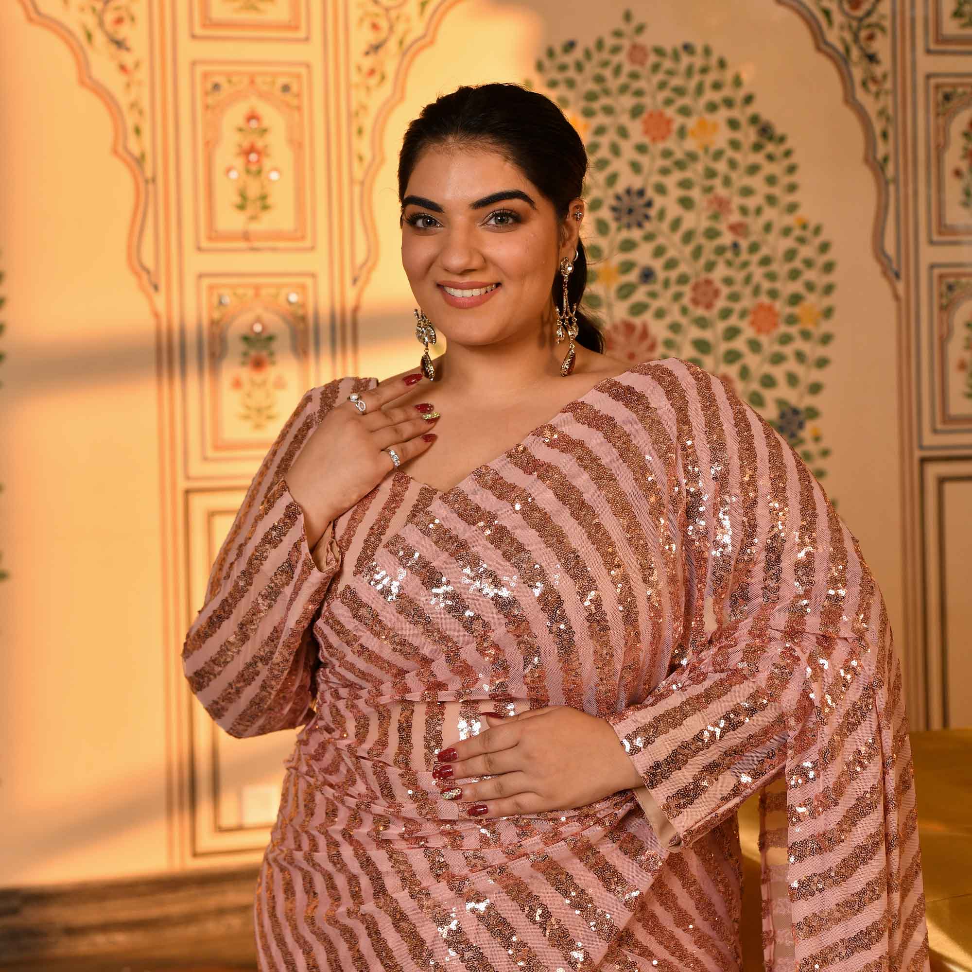 Queen Mary- Metallic Rose Sequin Embellished Stretchable Drape Saree