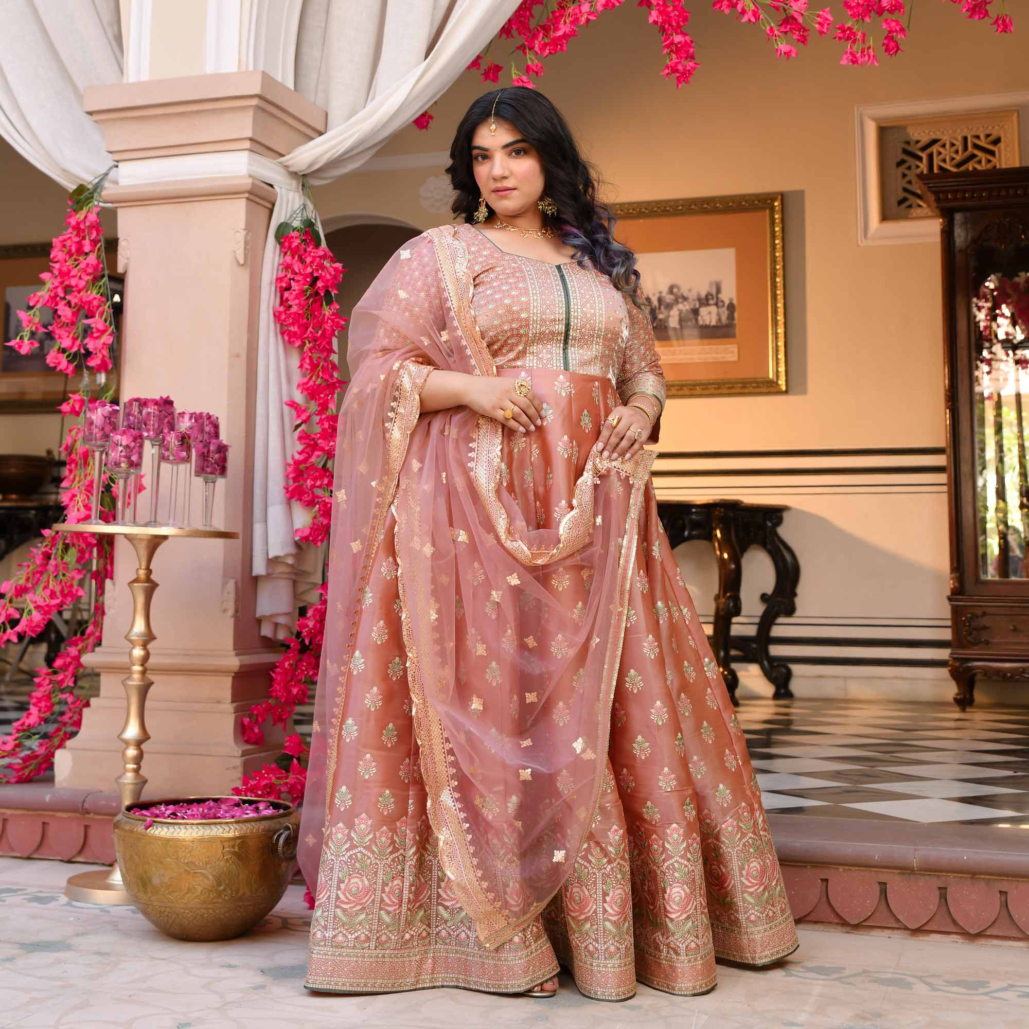 Reva- Peachy Pink Fusion Anarkali Set