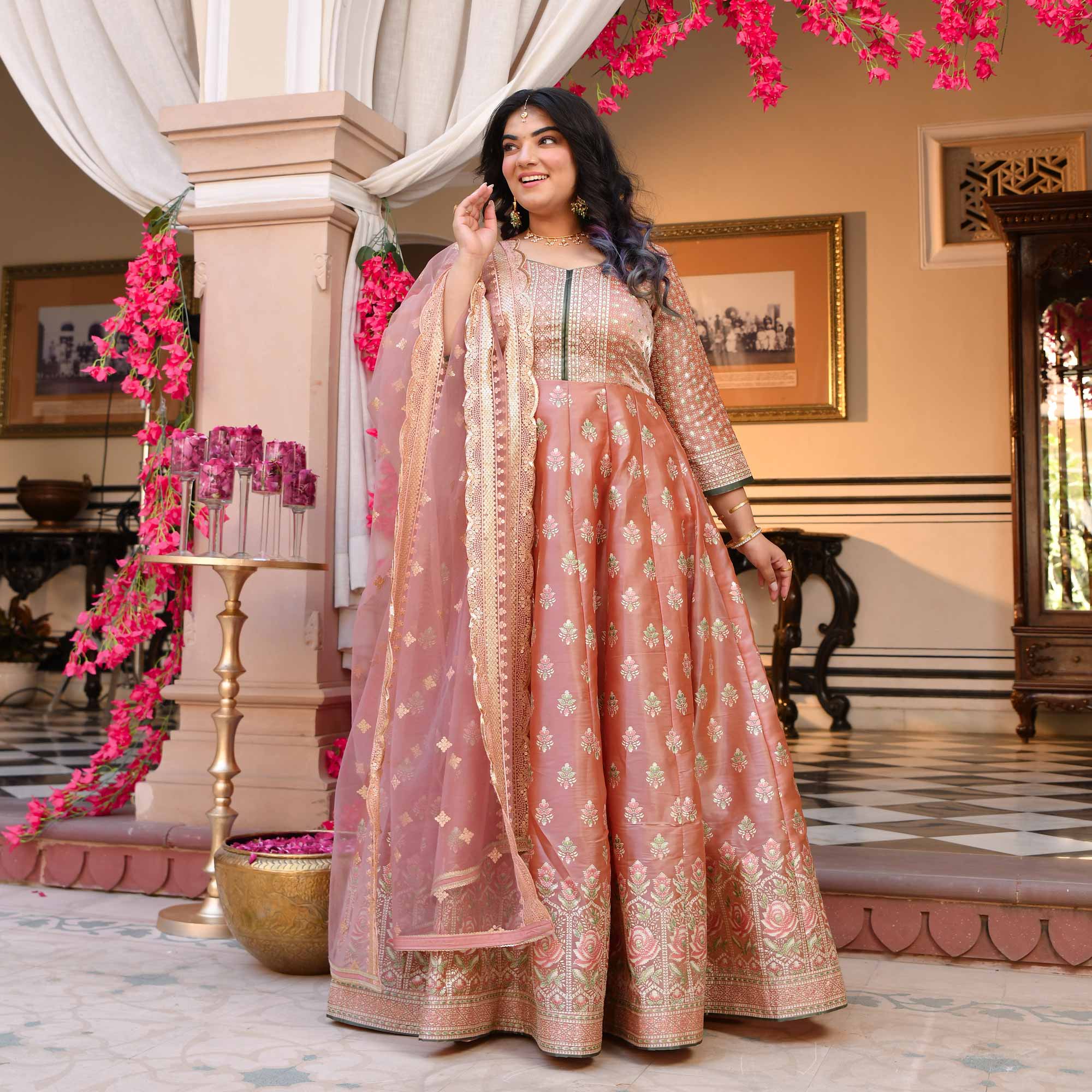Reva- Peachy Pink Fusion Anarkali Set