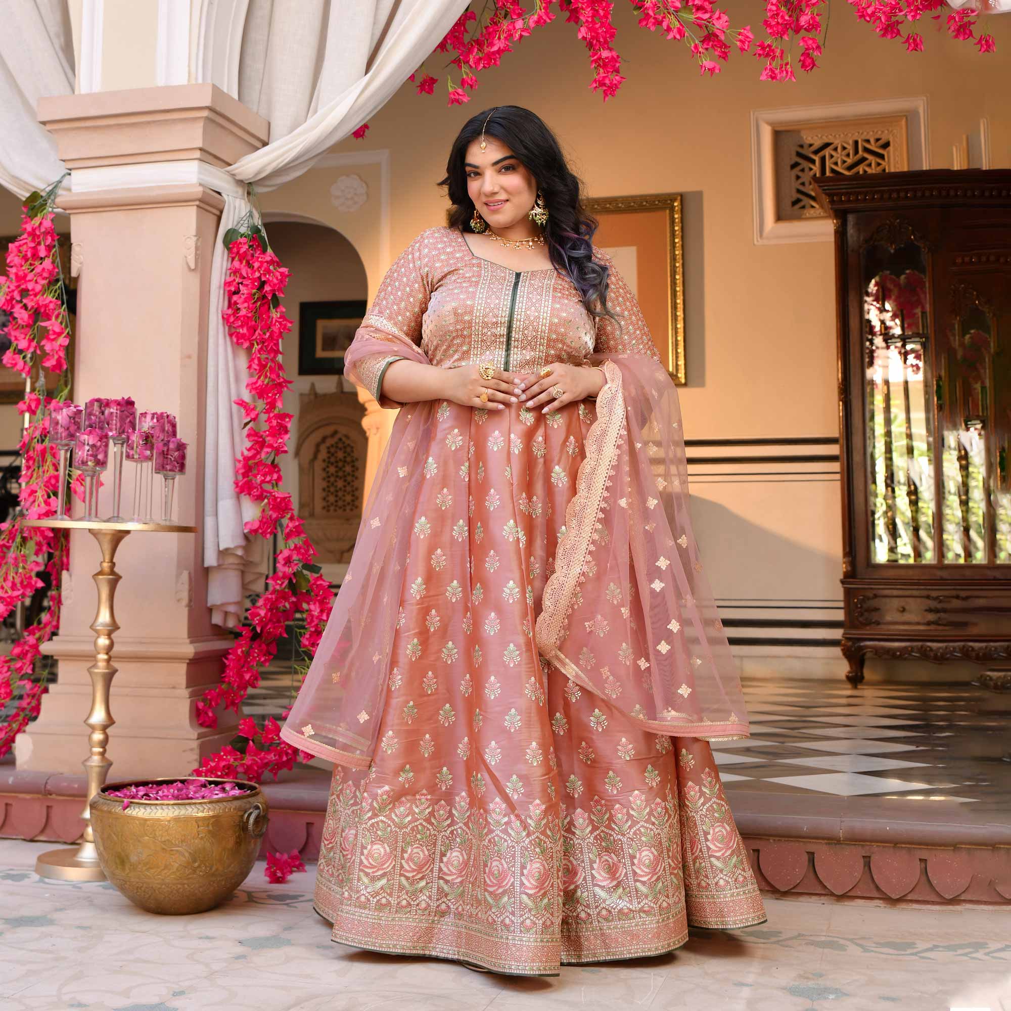 Reva- Peachy Pink Fusion Anarkali Set