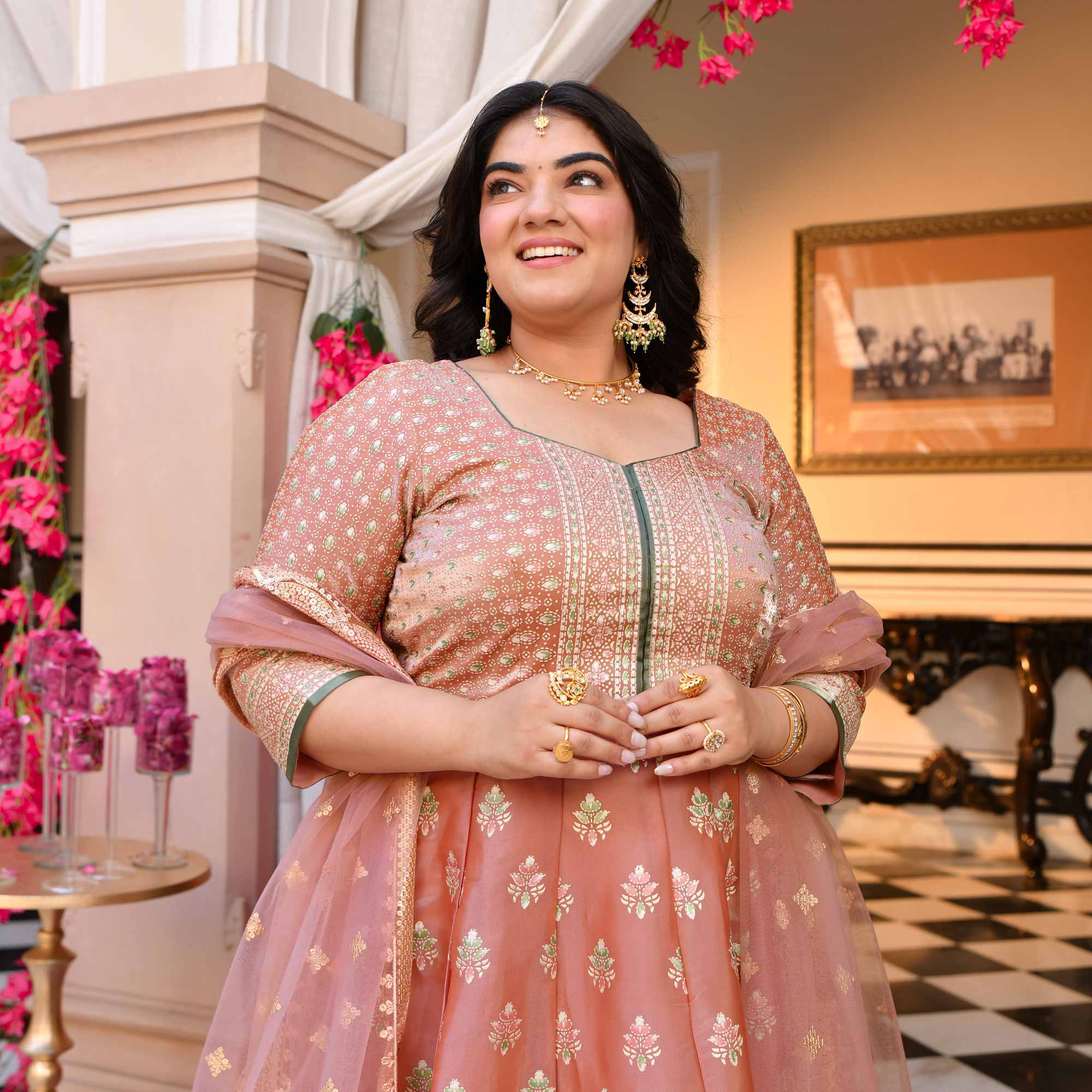 Reva- Peachy Pink Fusion Anarkali Set