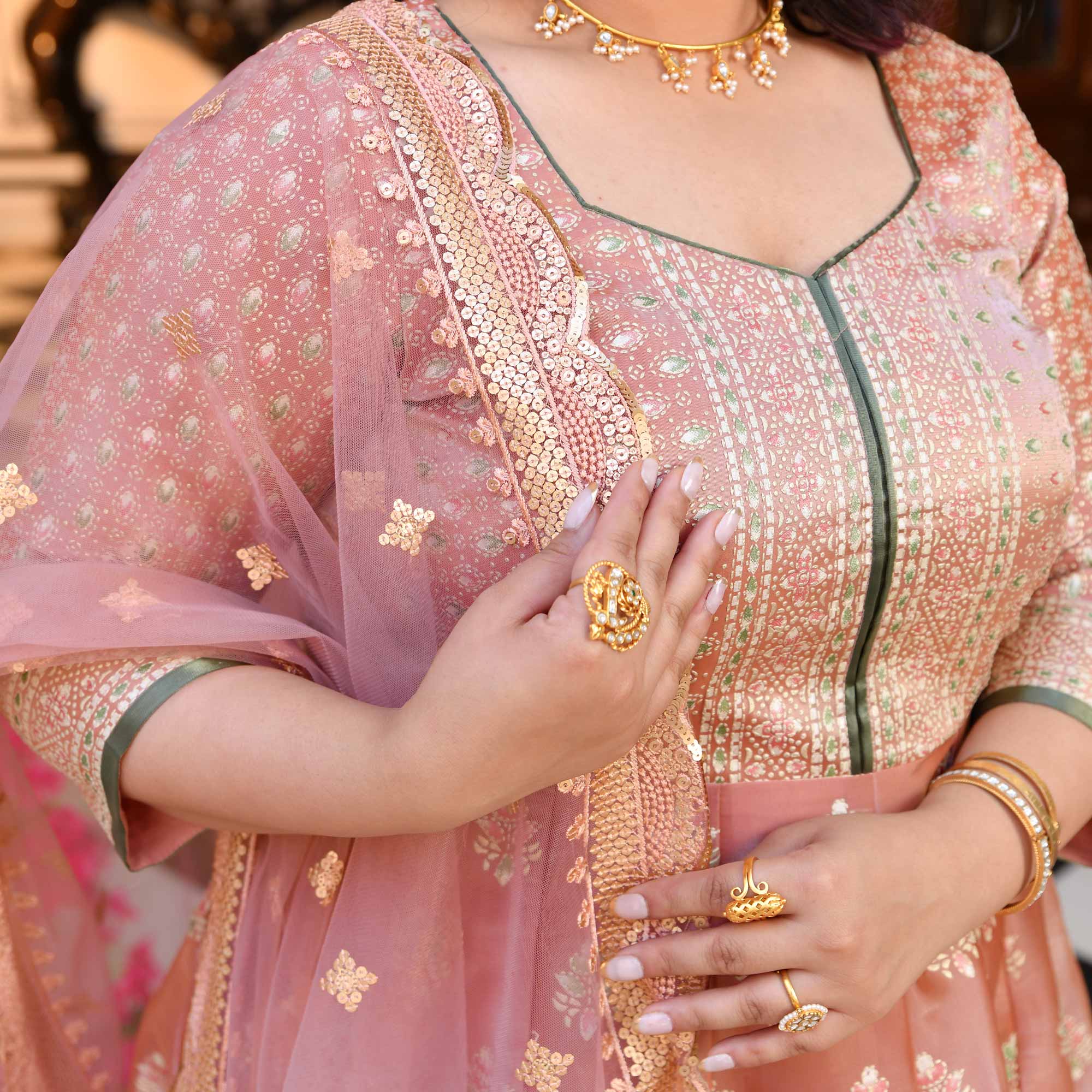 Reva- Peachy Pink Fusion Anarkali Set