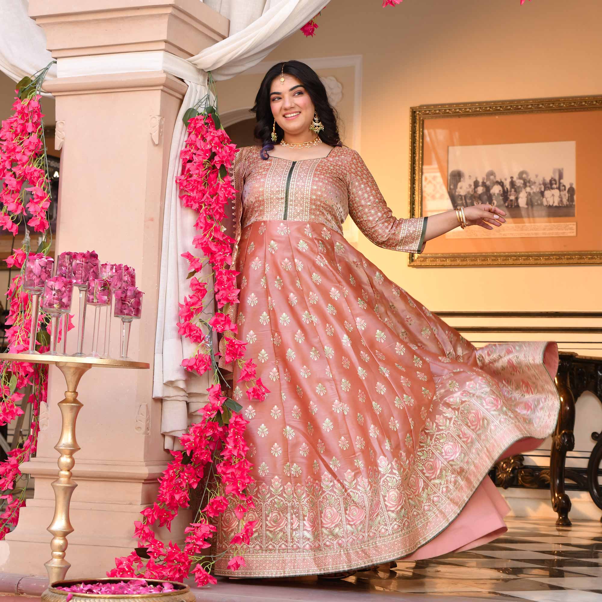 Reva- Peachy Pink Fusion Anarkali Set