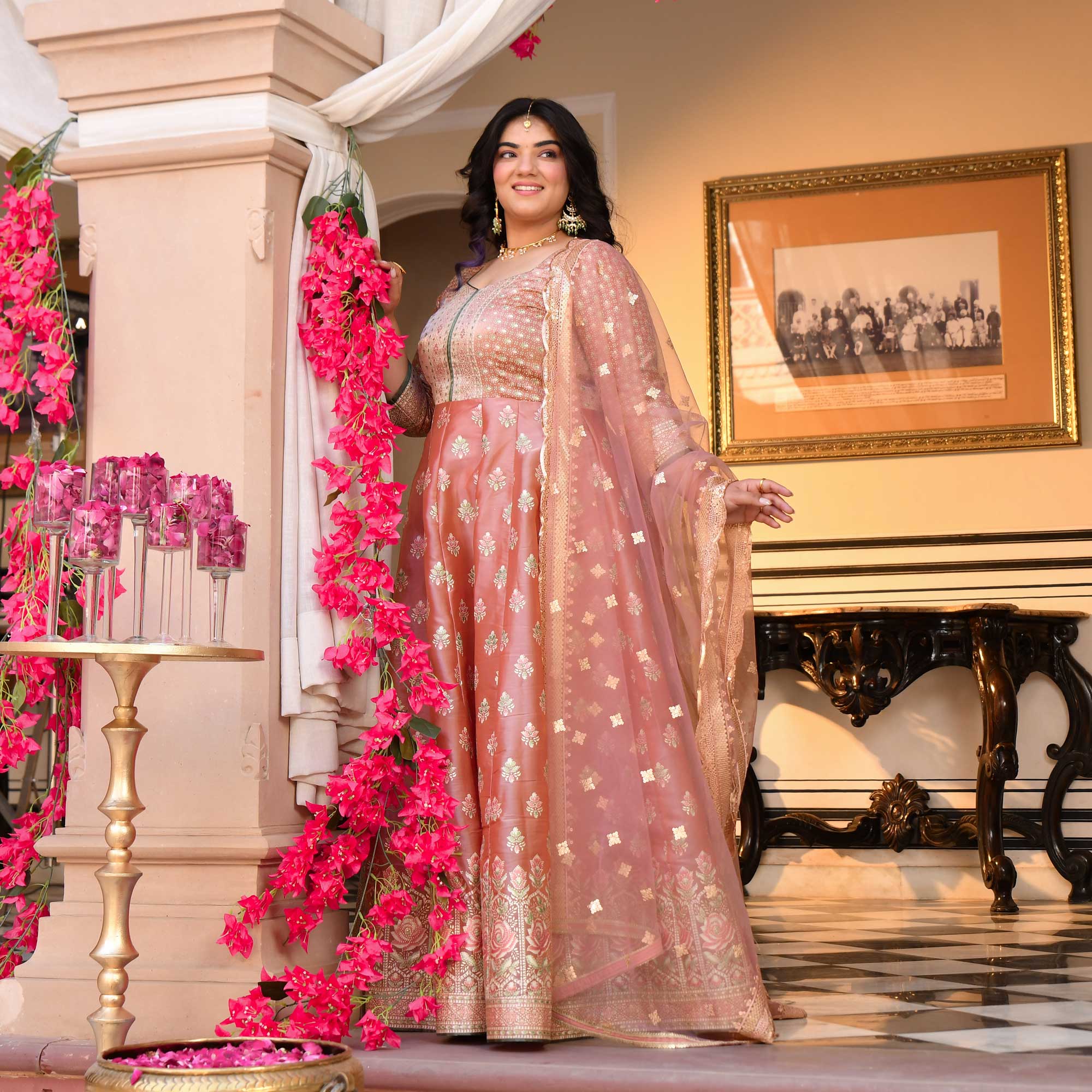 Reva- Peachy Pink Fusion Anarkali Set
