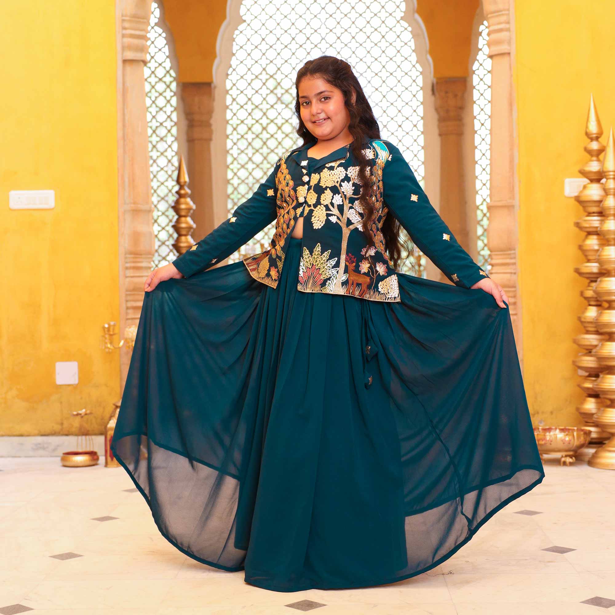 Mor Mahal- Peacock Blue Kids Georgette Blazer Lehenga Set