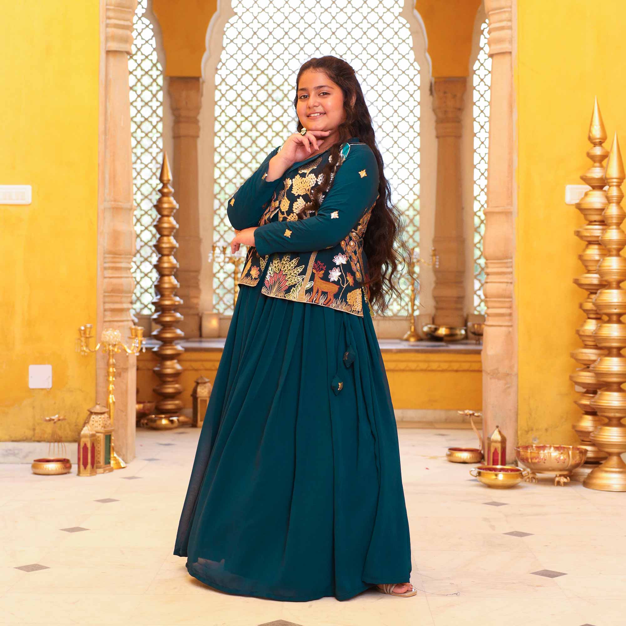Mor Mahal- Peacock Blue Kids Georgette Blazer Lehenga Set