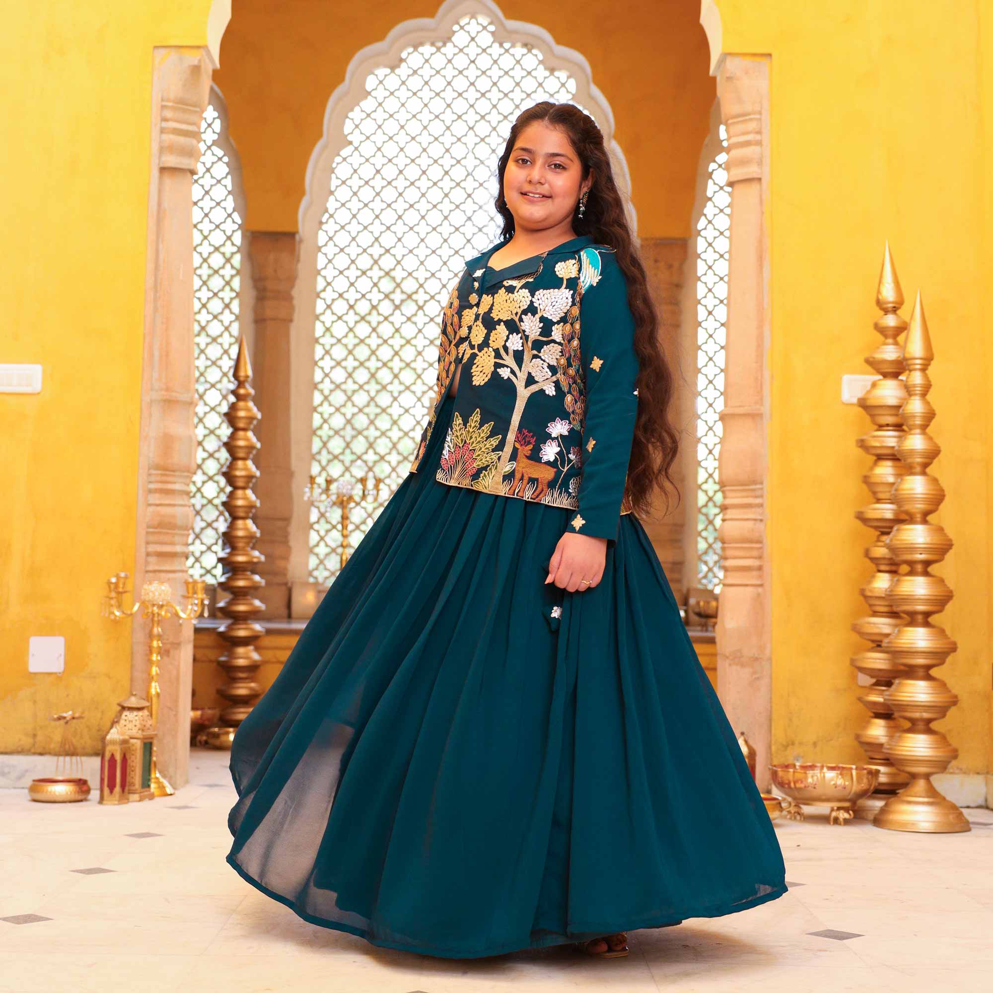 Mor Mahal- Peacock Blue Kids Georgette Blazer Lehenga Set