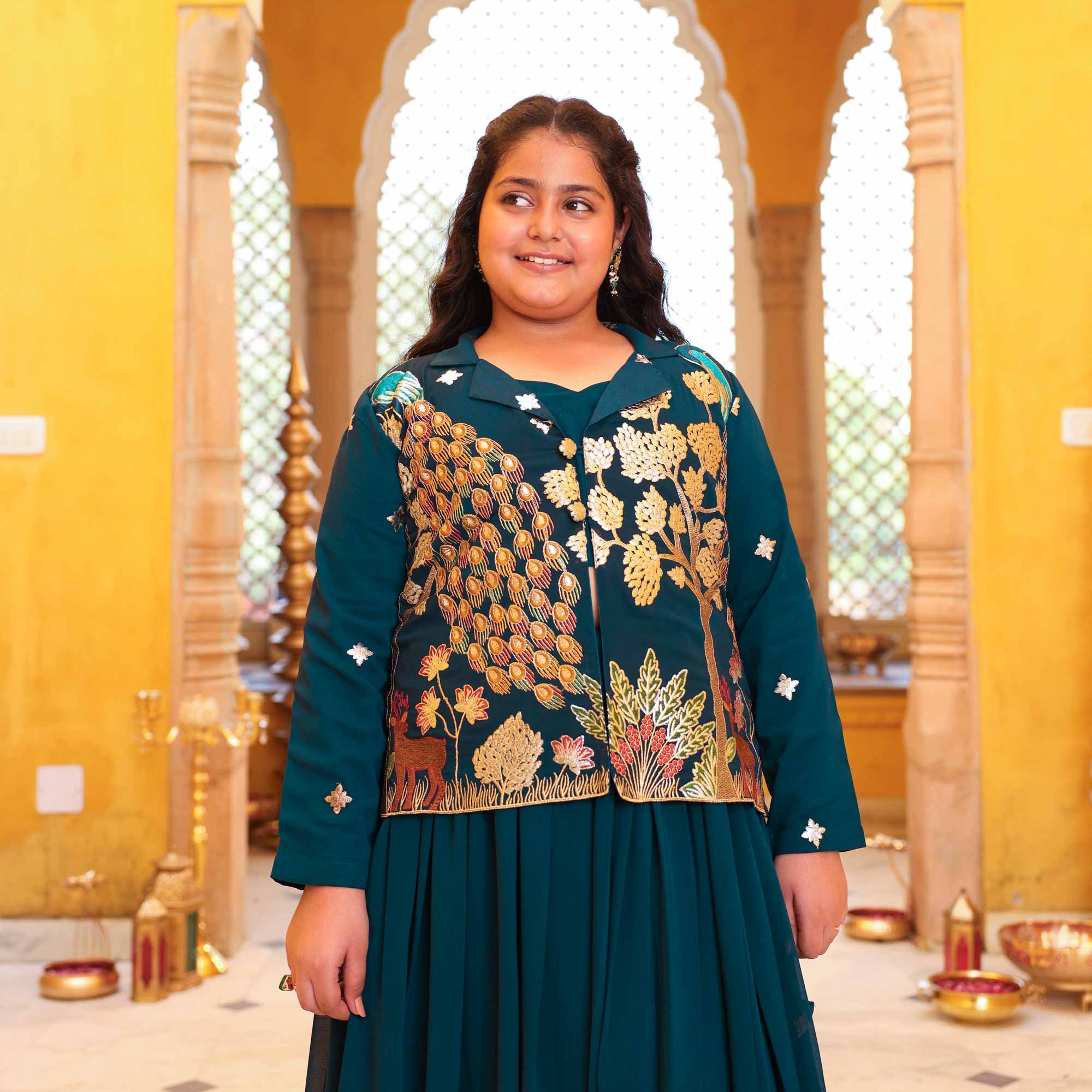 Mor Mahal- Peacock Blue Kids Georgette Blazer Lehenga Set