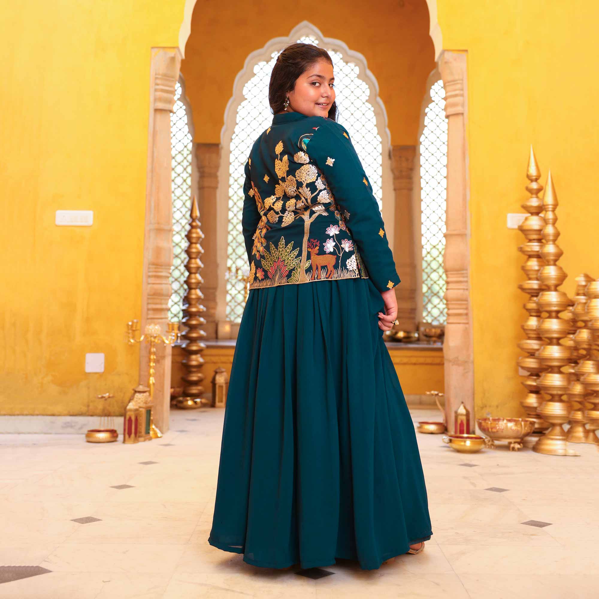 Mor Mahal- Peacock Blue Kids Georgette Blazer Lehenga Set