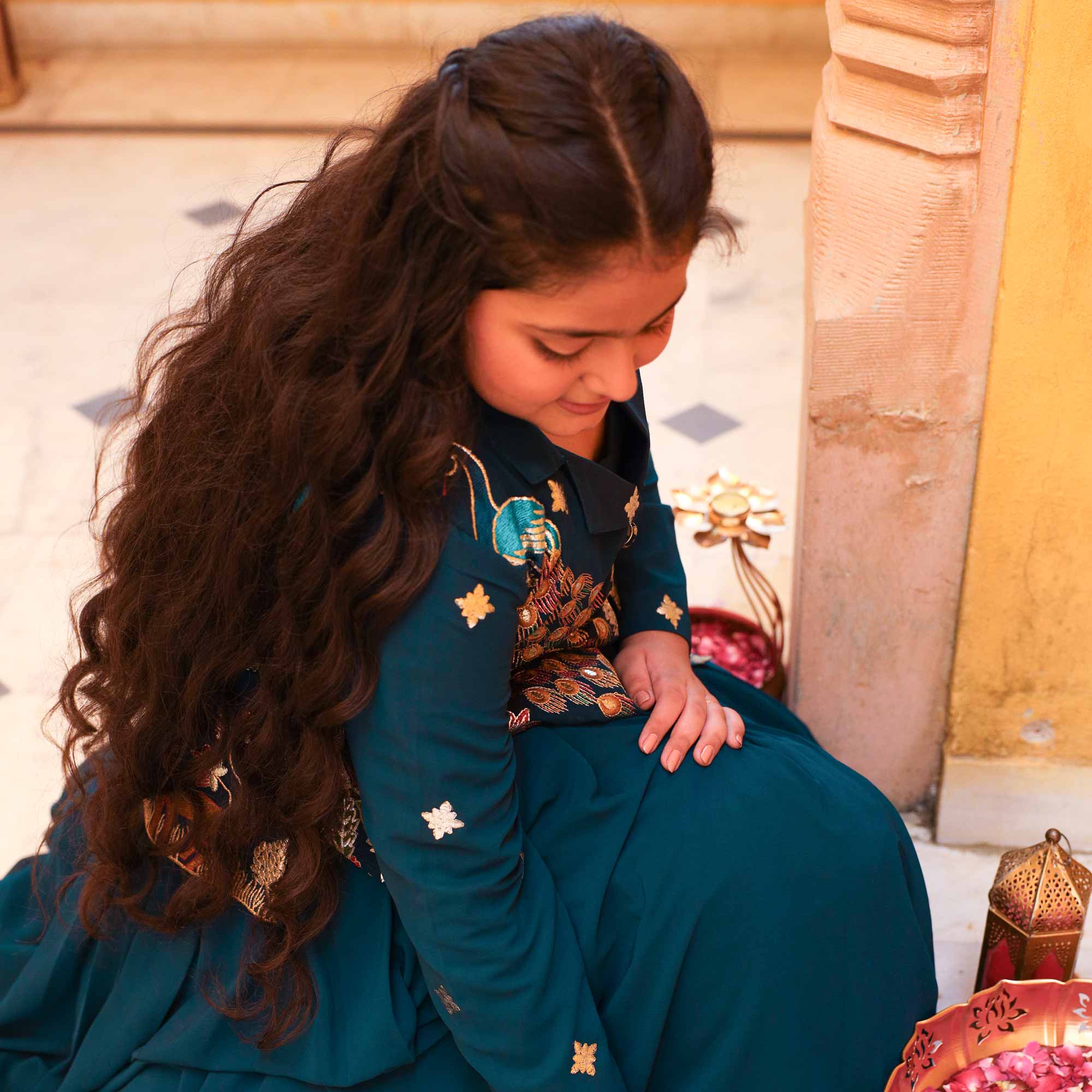 Mor Mahal- Peacock Blue Kids Georgette Blazer Lehenga Set