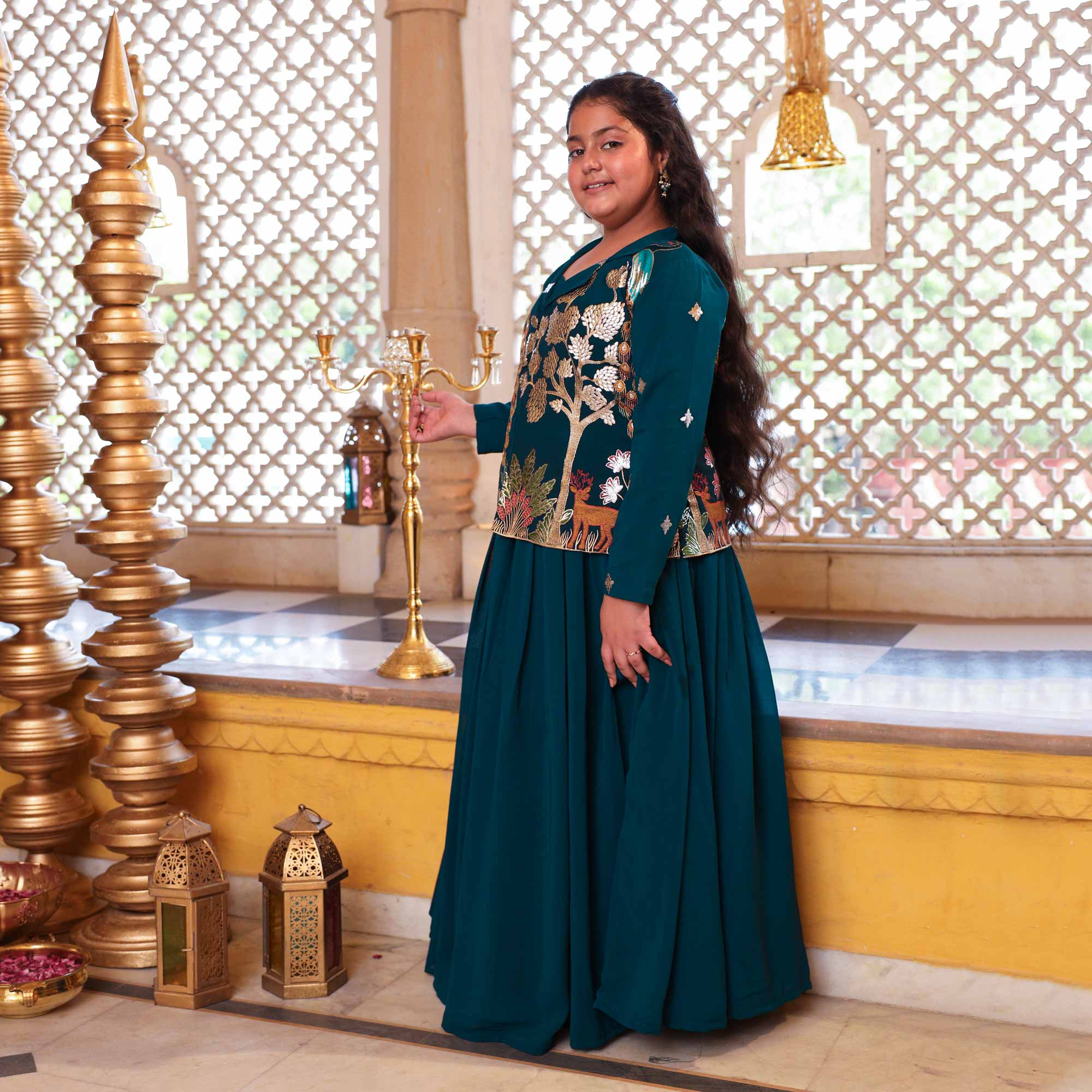Mor Mahal- Peacock Blue Kids Georgette Blazer Lehenga Set