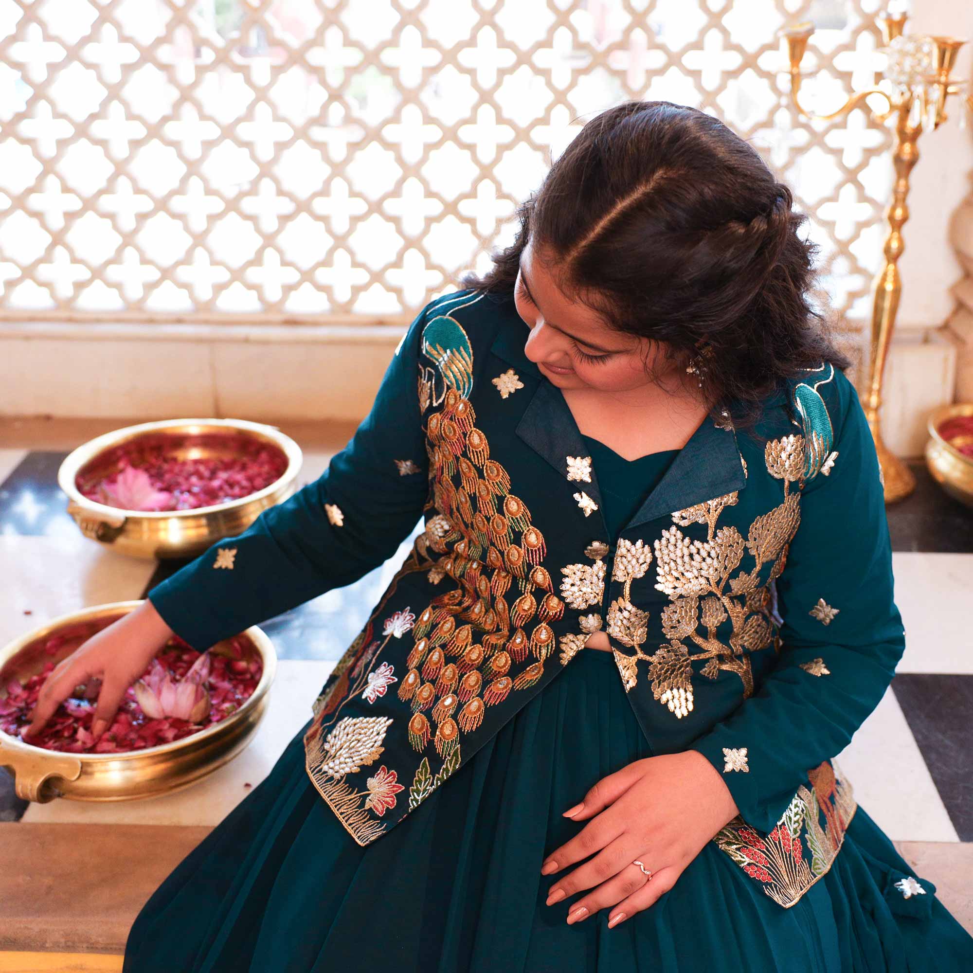 Mor Mahal- Peacock Blue Kids Georgette Blazer Lehenga Set