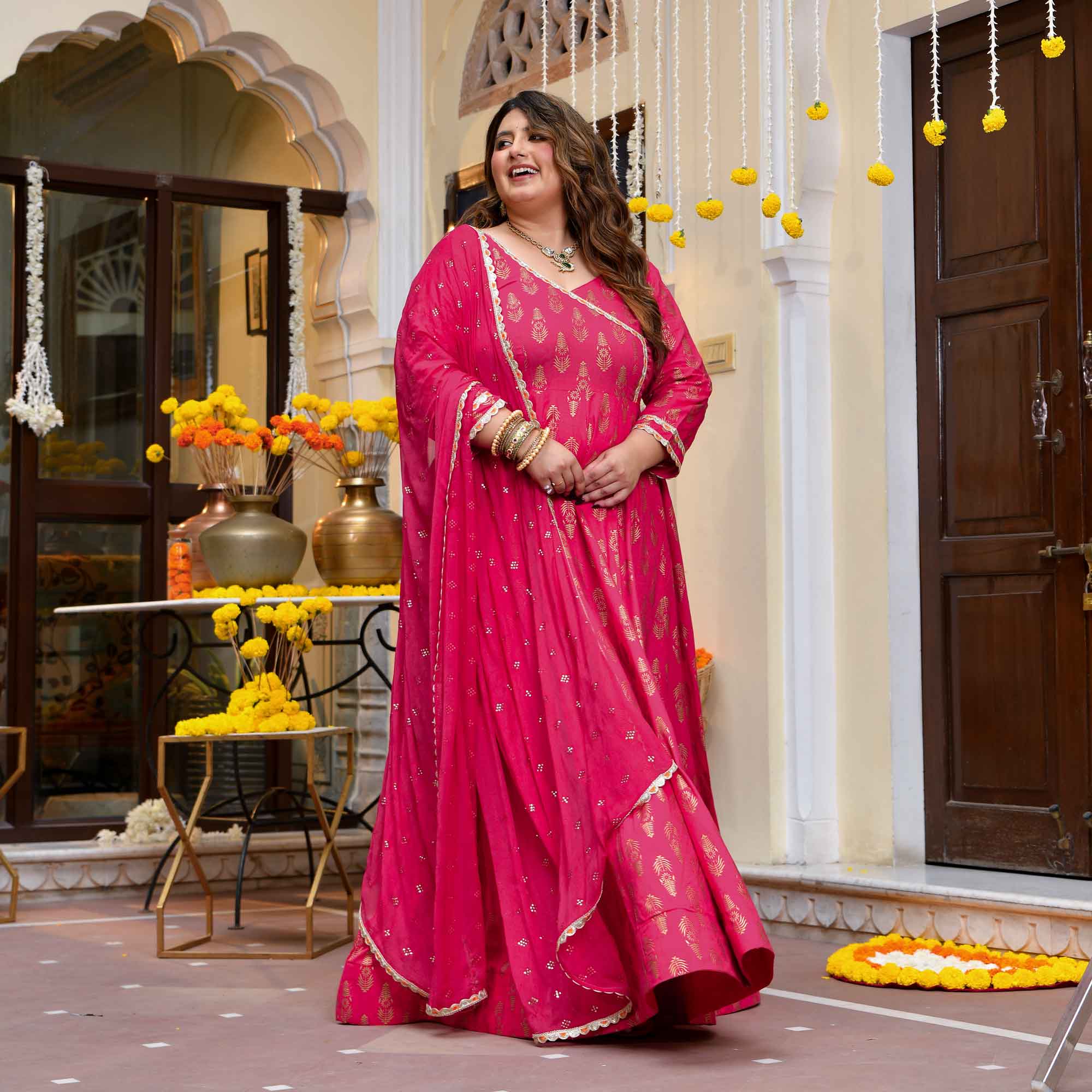 Rivaaz- Rani Pink Gold Block Print Rayon Anarkali