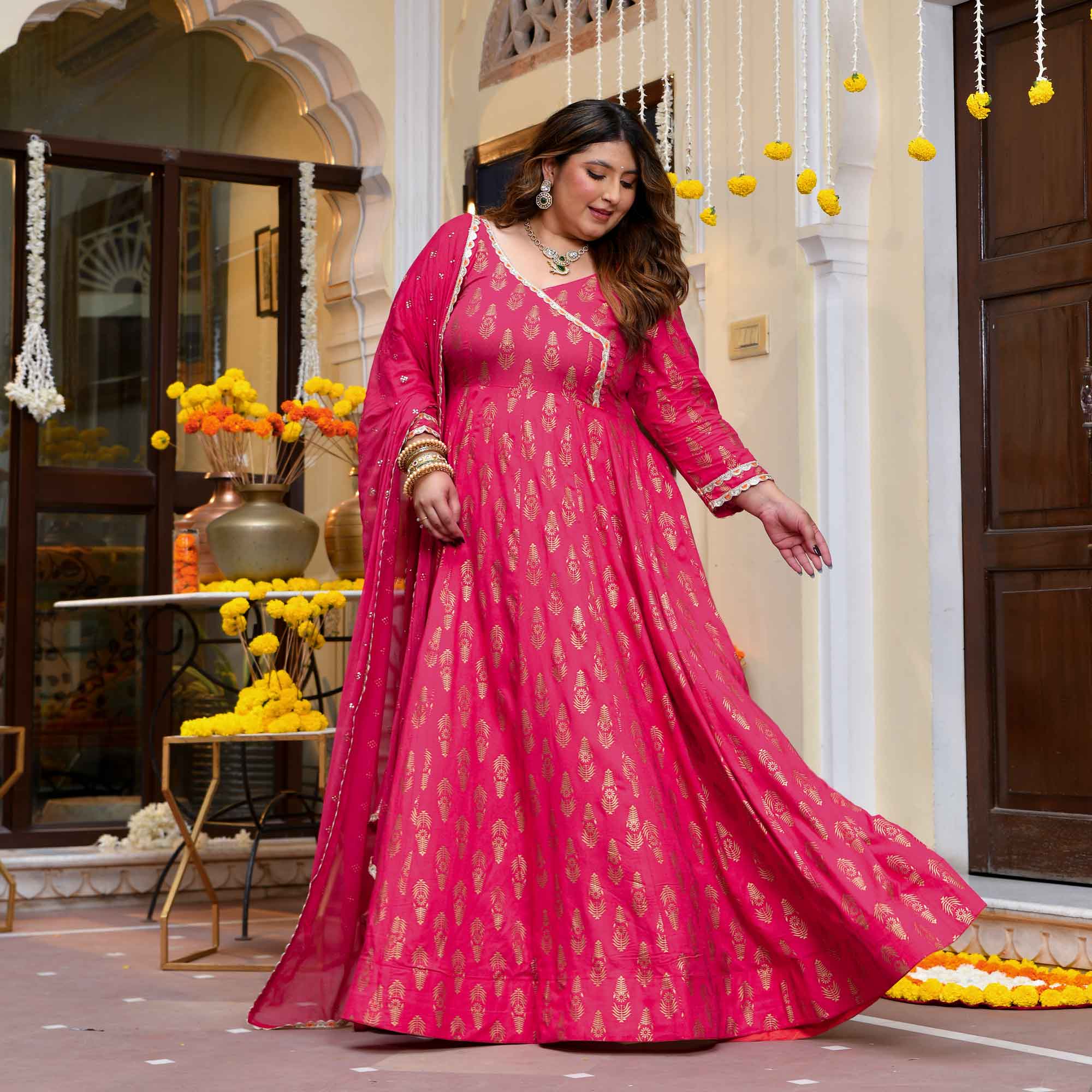 Rivaaz- Rani Pink Gold Block Print Rayon Anarkali