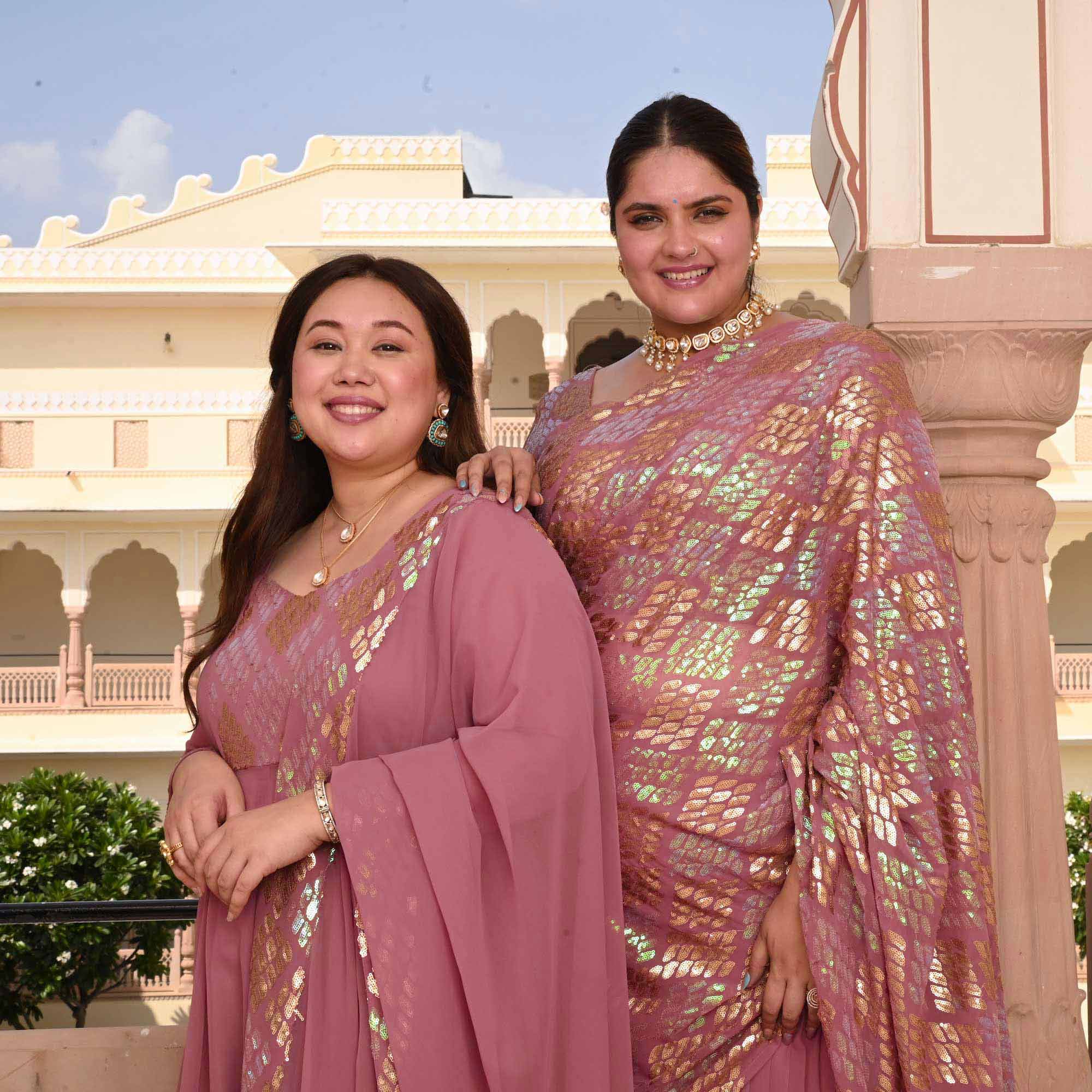 Misty Rose Metallic Sequin Embroidered Drape Saree Set