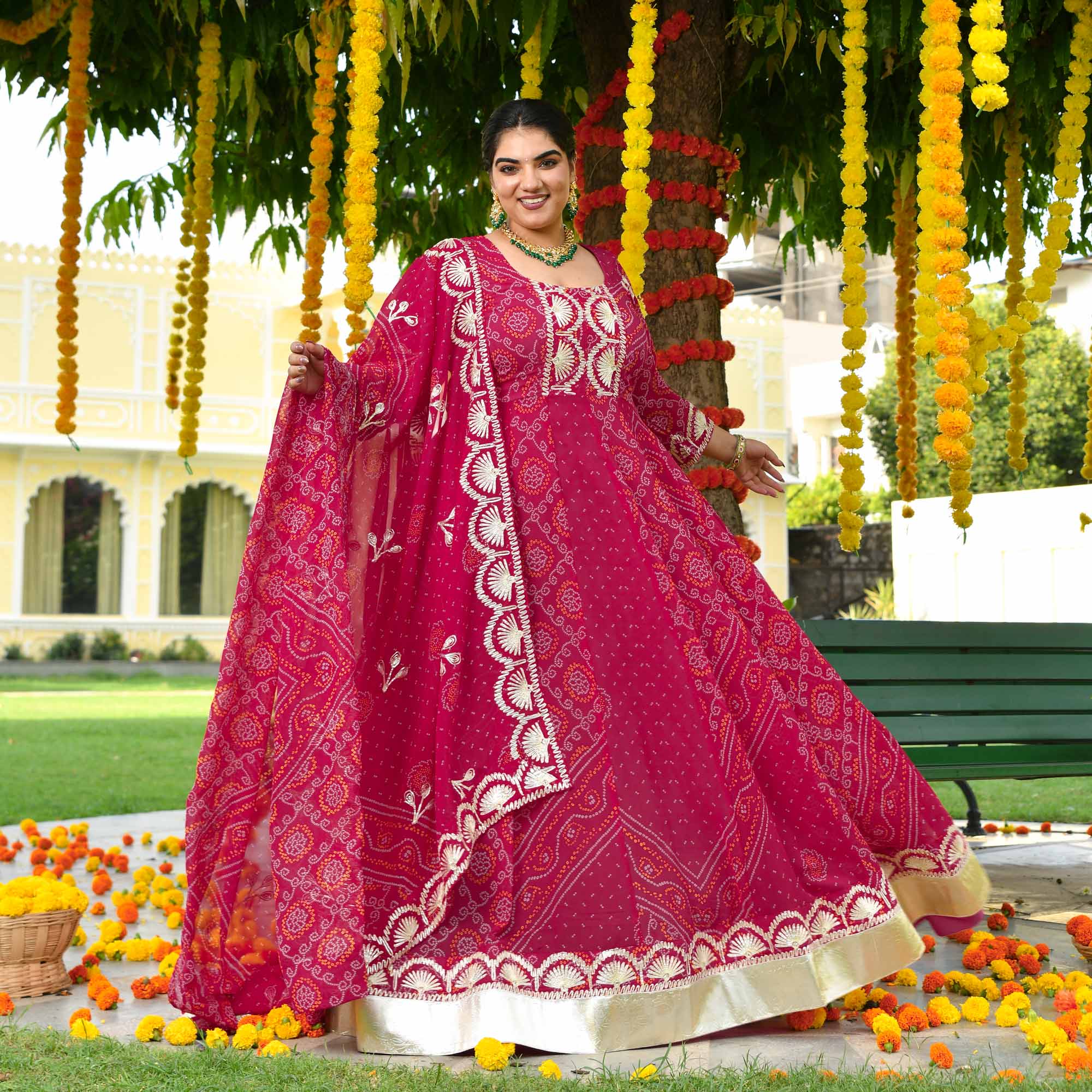 Banno- Deep Rose Pink Bandhani Gota Georgette Anarkali Set