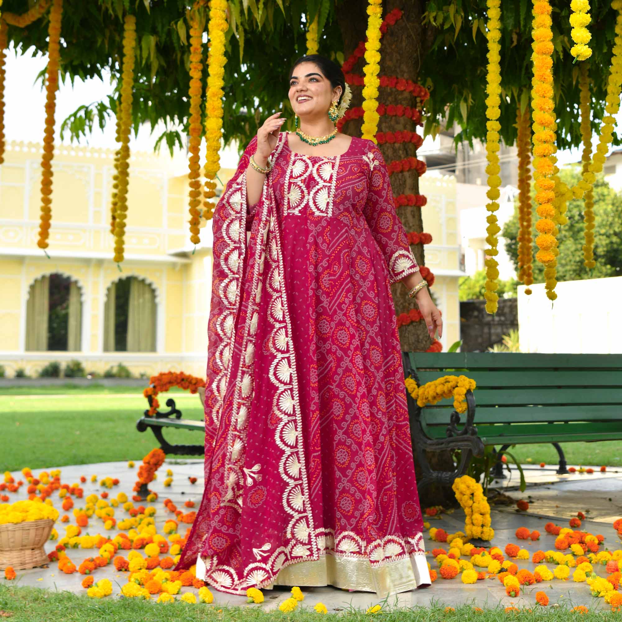 Banno- Deep Rose Pink Bandhani Gota Georgette Anarkali Set