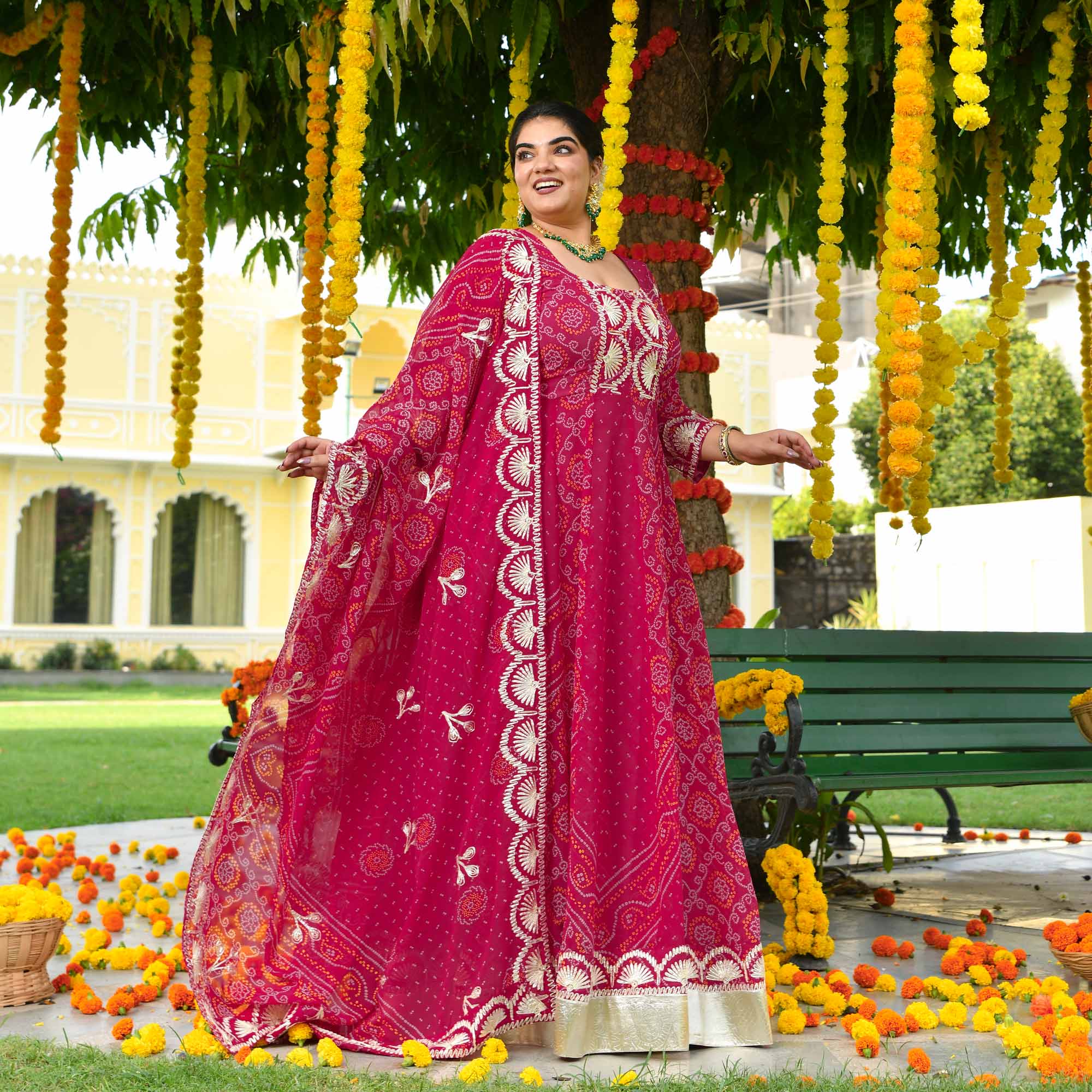 Banno- Deep Rose Pink Bandhani Gota Georgette Anarkali Set
