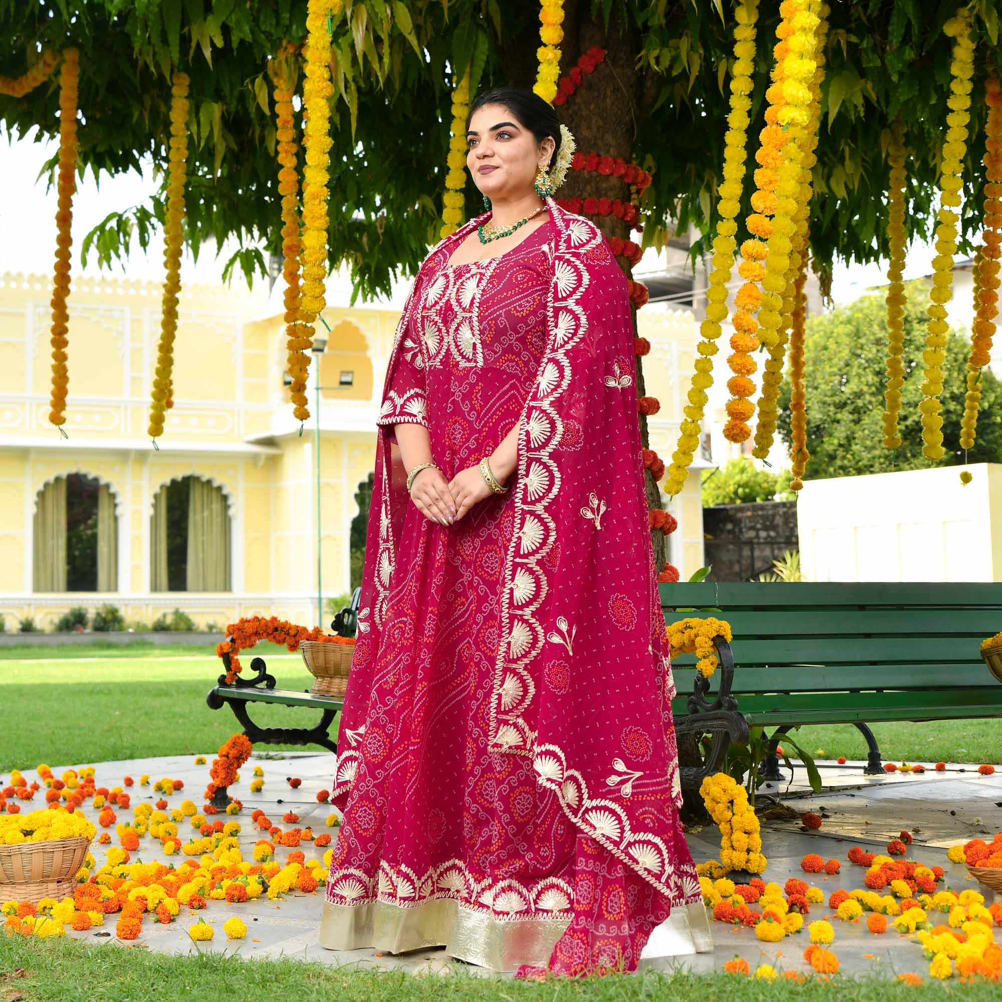 Banno- Deep Rose Pink Bandhani Gota Georgette Anarkali Set