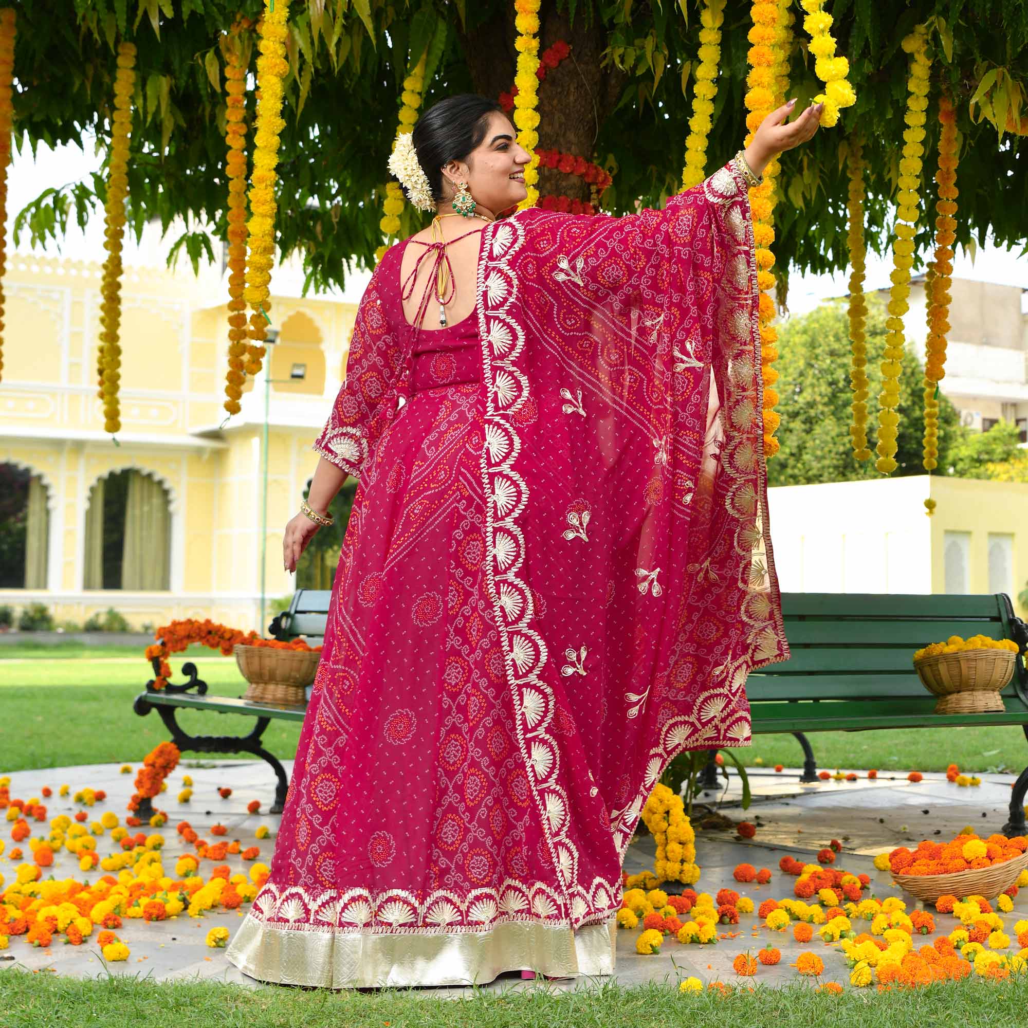 Banno- Deep Rose Pink Bandhani Gota Georgette Anarkali Set
