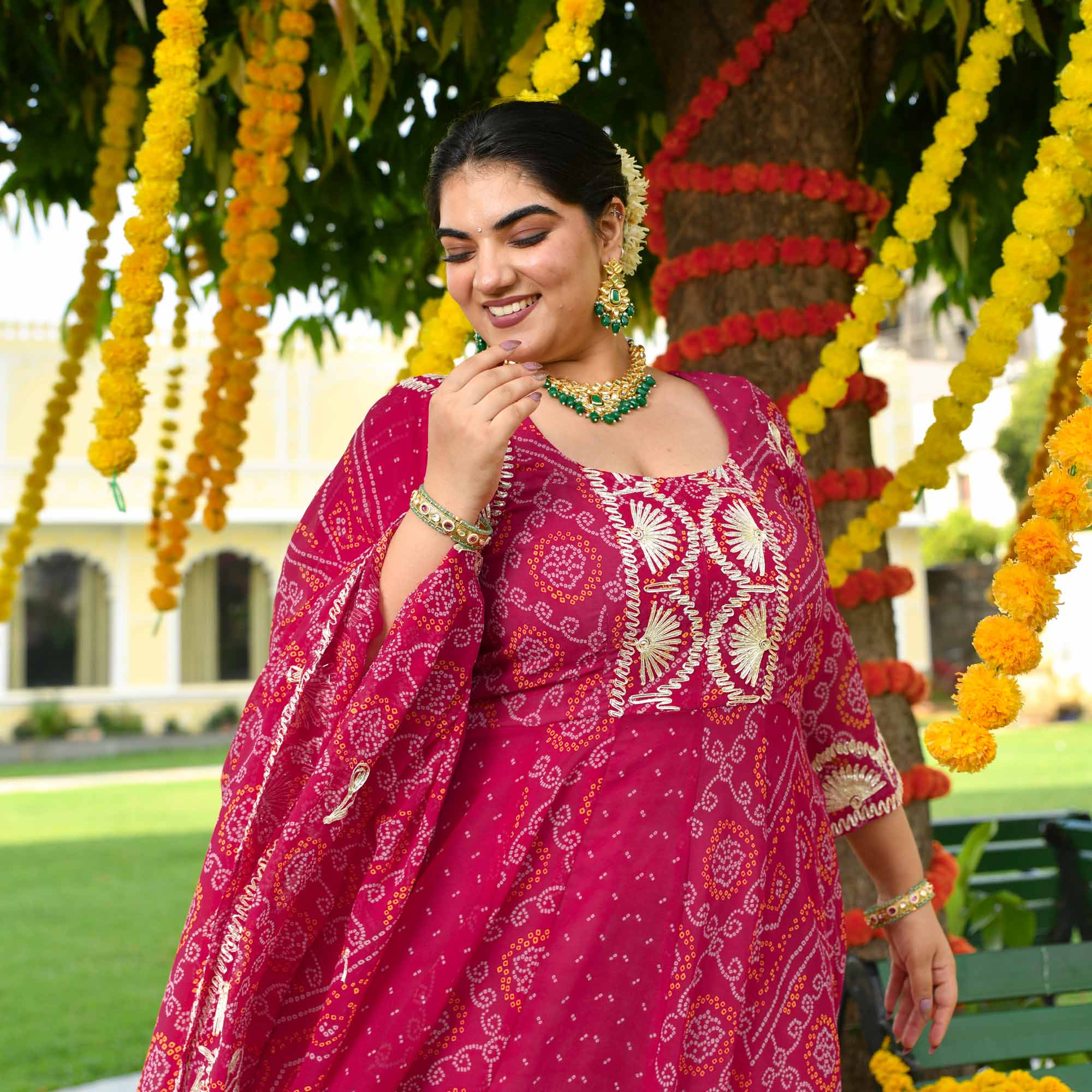 Banno- Deep Rose Pink Bandhani Gota Georgette Anarkali Set