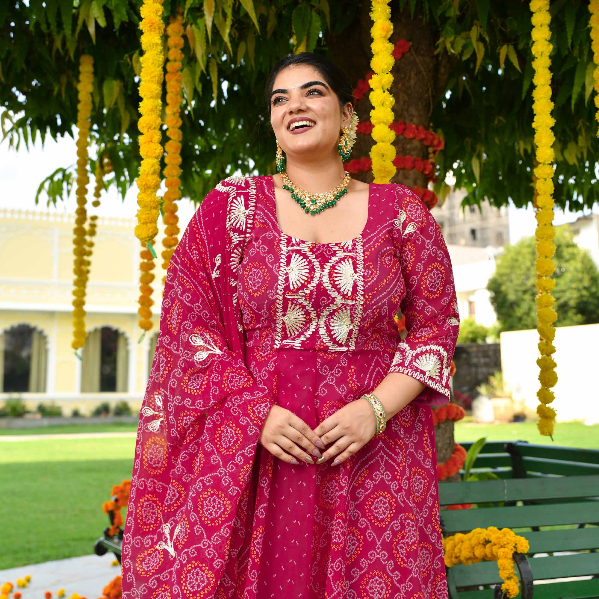 Banno- Deep Rose Pink Bandhani Gota Georgette Anarkali Set