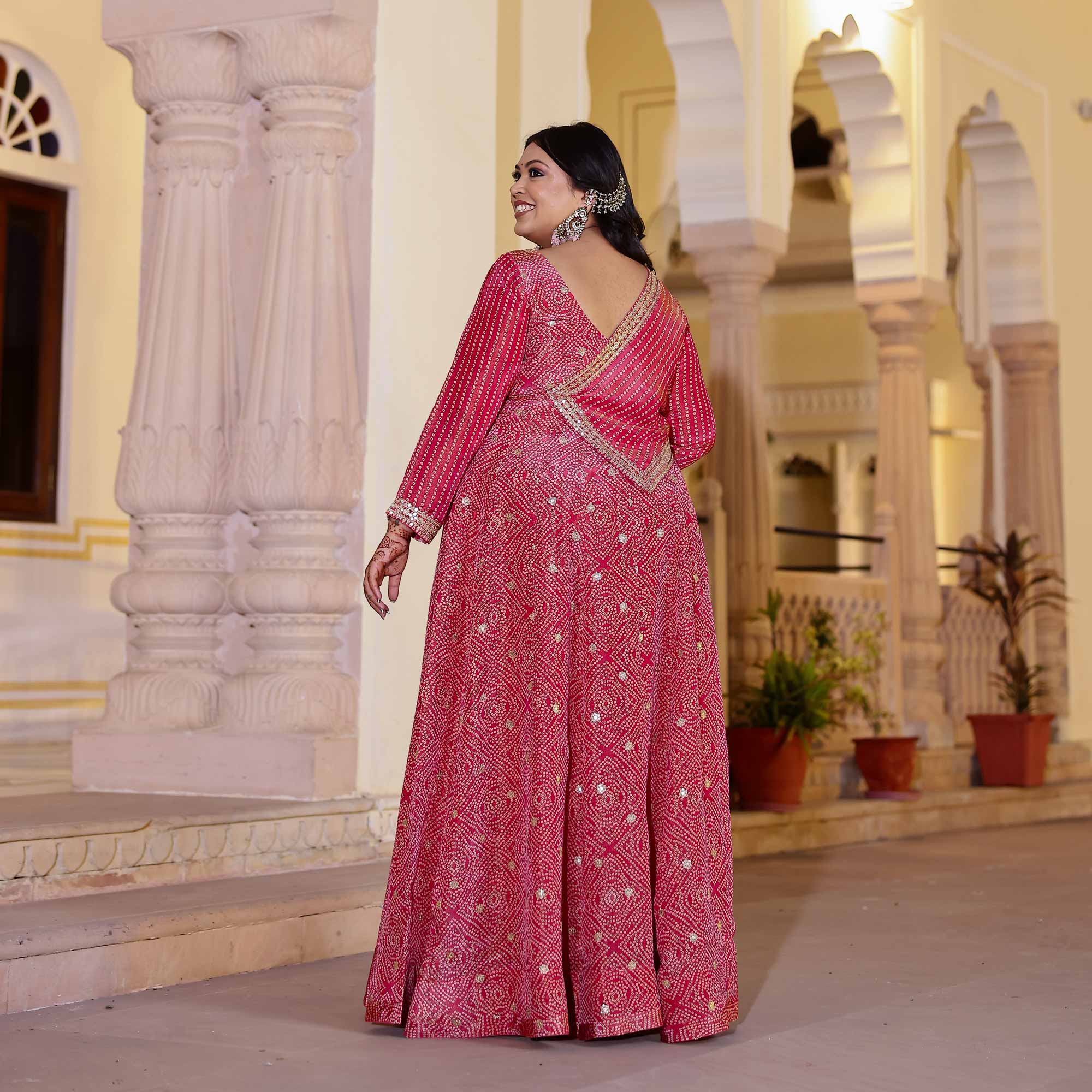 Blushing_Hibiscus_Bandhani_Pure_Tissue_Silk_Anarkali_With_Asymmetrical_Cape