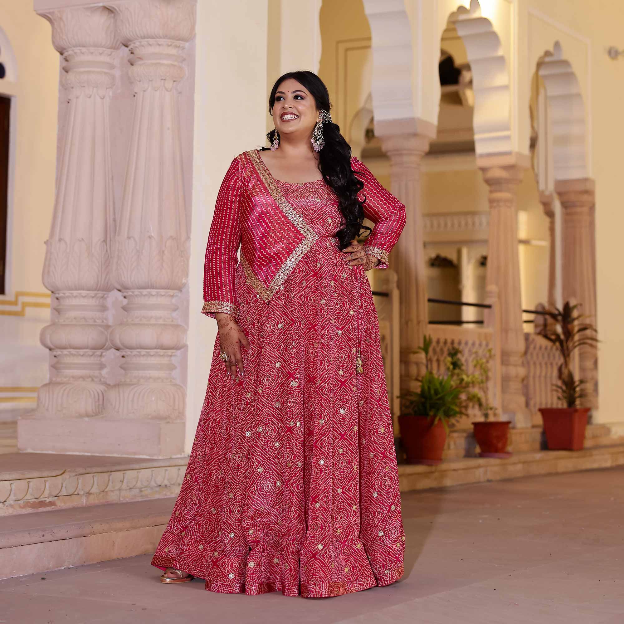 Blushing_Hibiscus_Bandhani_Pure_Tissue_Silk_Anarkali_With_Asymmetrical_Cape