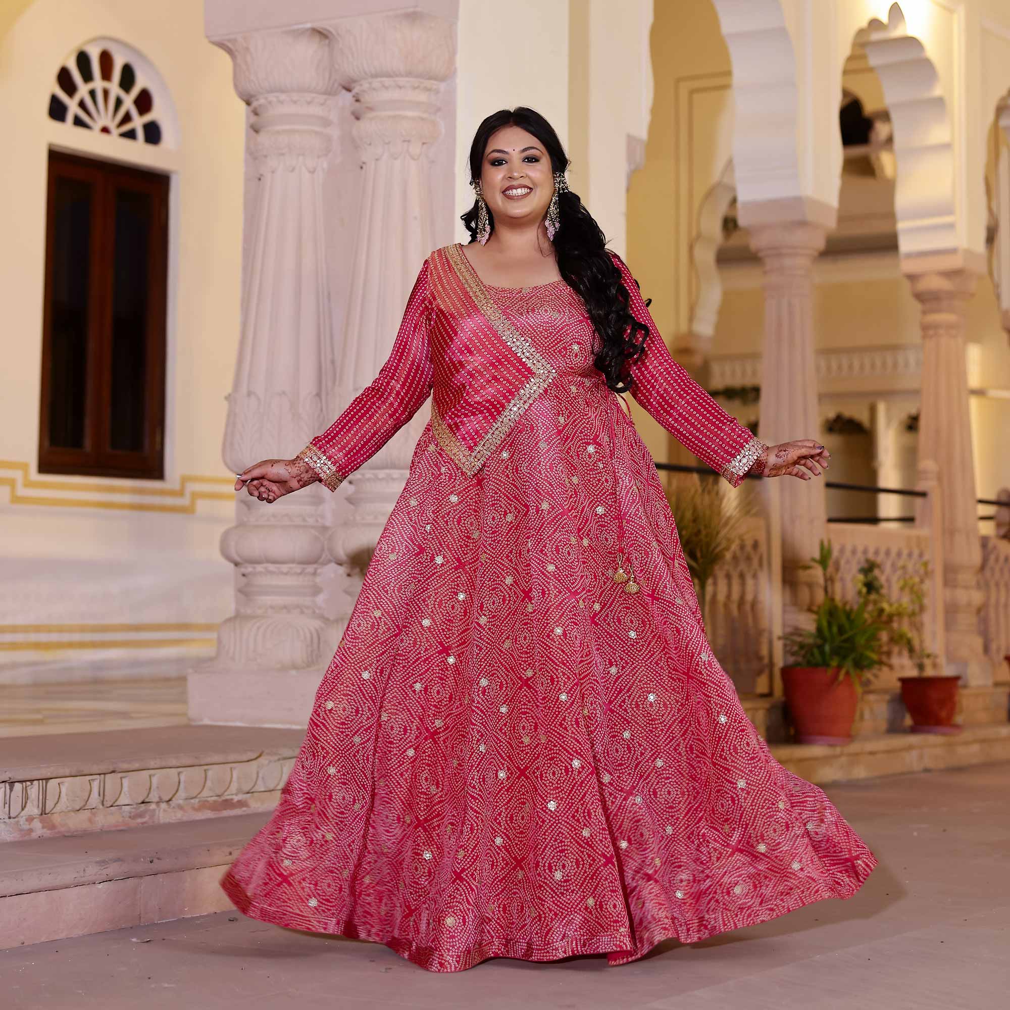 Blushing_Hibiscus_Bandhani_Pure_Tissue_Silk_Anarkali_With_Asymmetrical_Cape