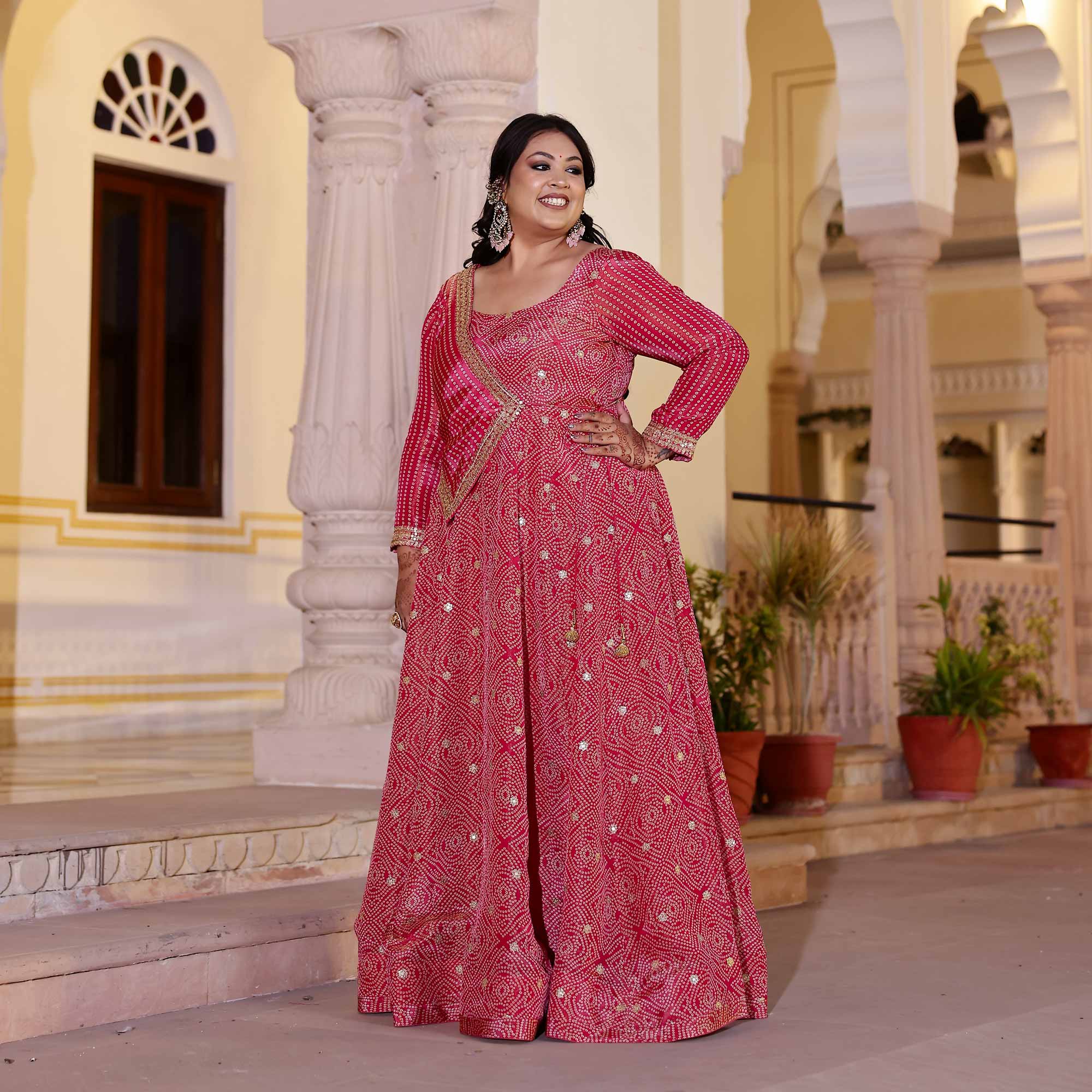 Blushing_Hibiscus_Bandhani_Pure_Tissue_Silk_Anarkali_With_Asymmetrical_Cape