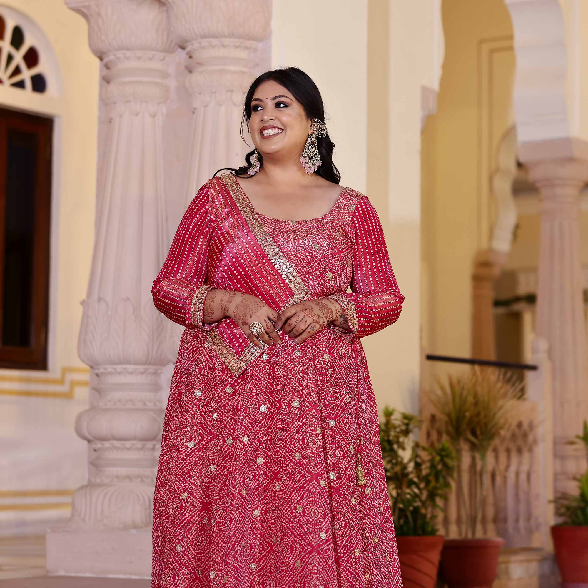 Blushing_Hibiscus_Bandhani_Pure_Tissue_Silk_Anarkali_With_Asymmetrical_Cape