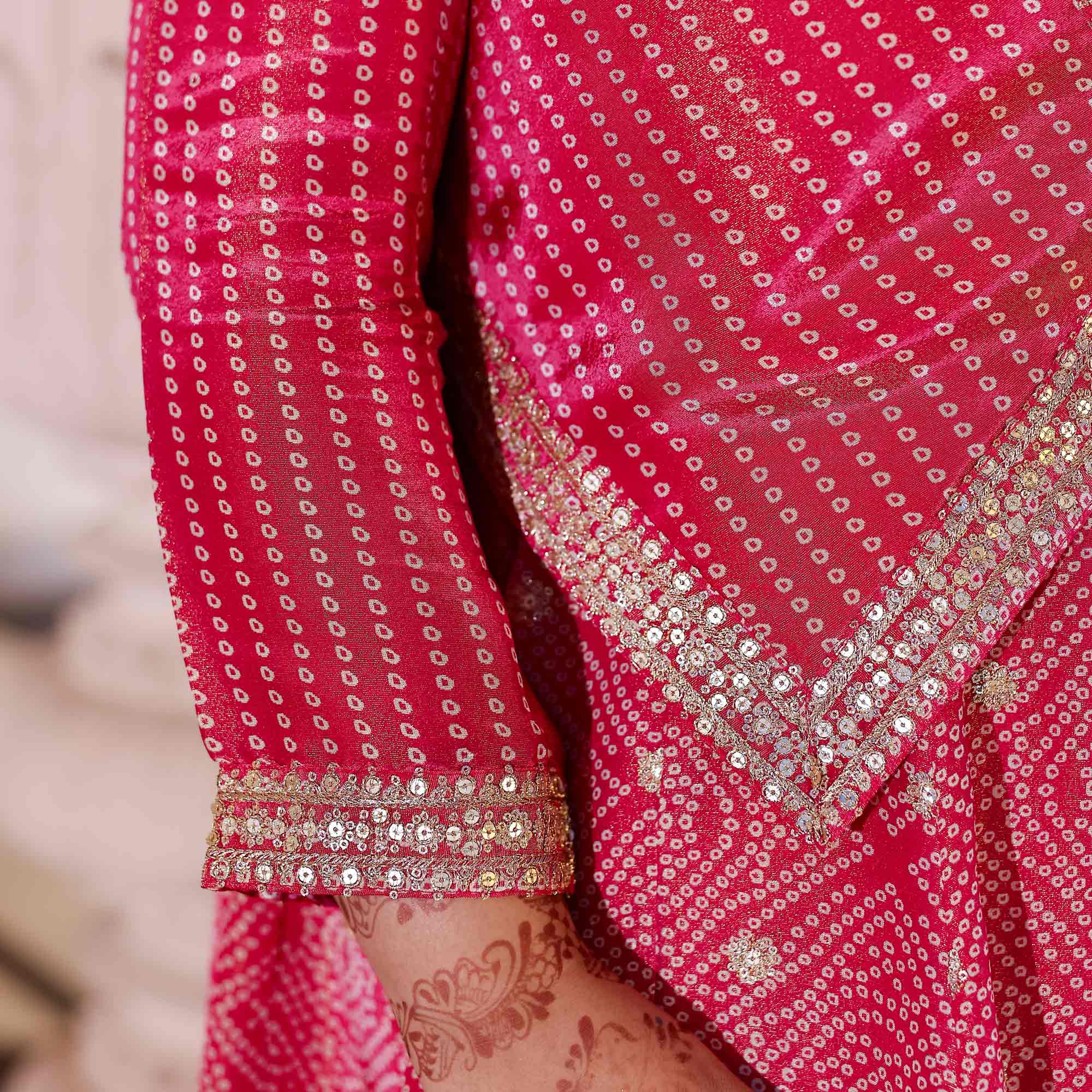 Blushing_Hibiscus_Bandhani_Pure_Tissue_Silk_Anarkali_With_Asymmetrical_Cape