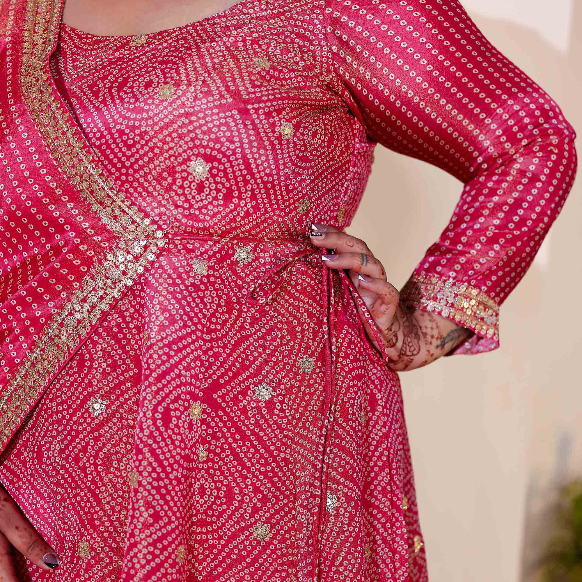 Blushing_Hibiscus_Bandhani_Pure_Tissue_Silk_Anarkali_With_Asymmetrical_Cape