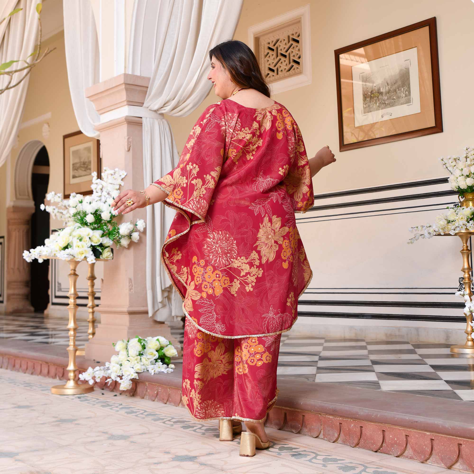 Timeless Tulips Floral Muslin Hand Embroidered Kaftan Plus Size Co-ord Set