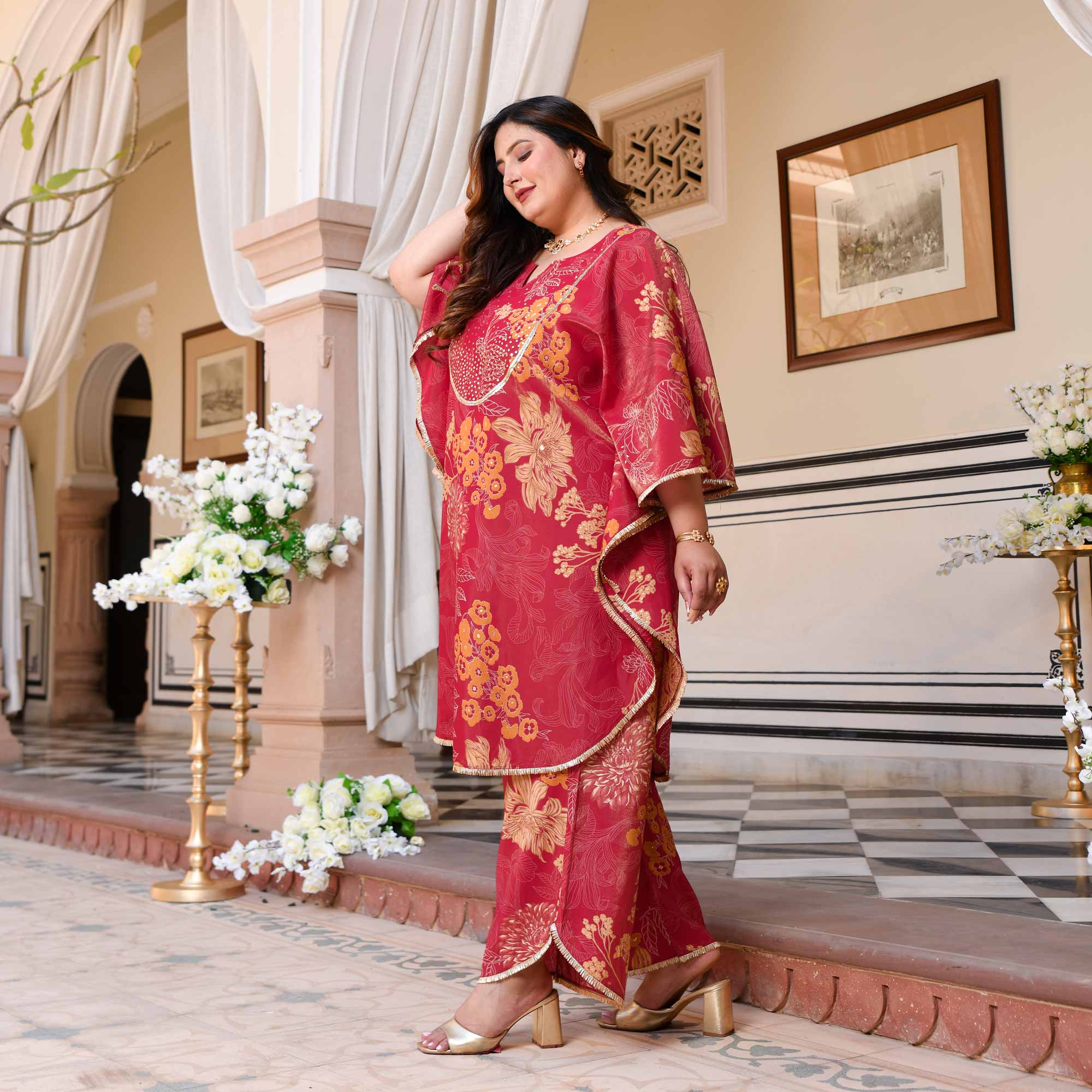 Timeless Tulips Floral Muslin Hand Embroidered Kaftan Plus Size Co-ord Set