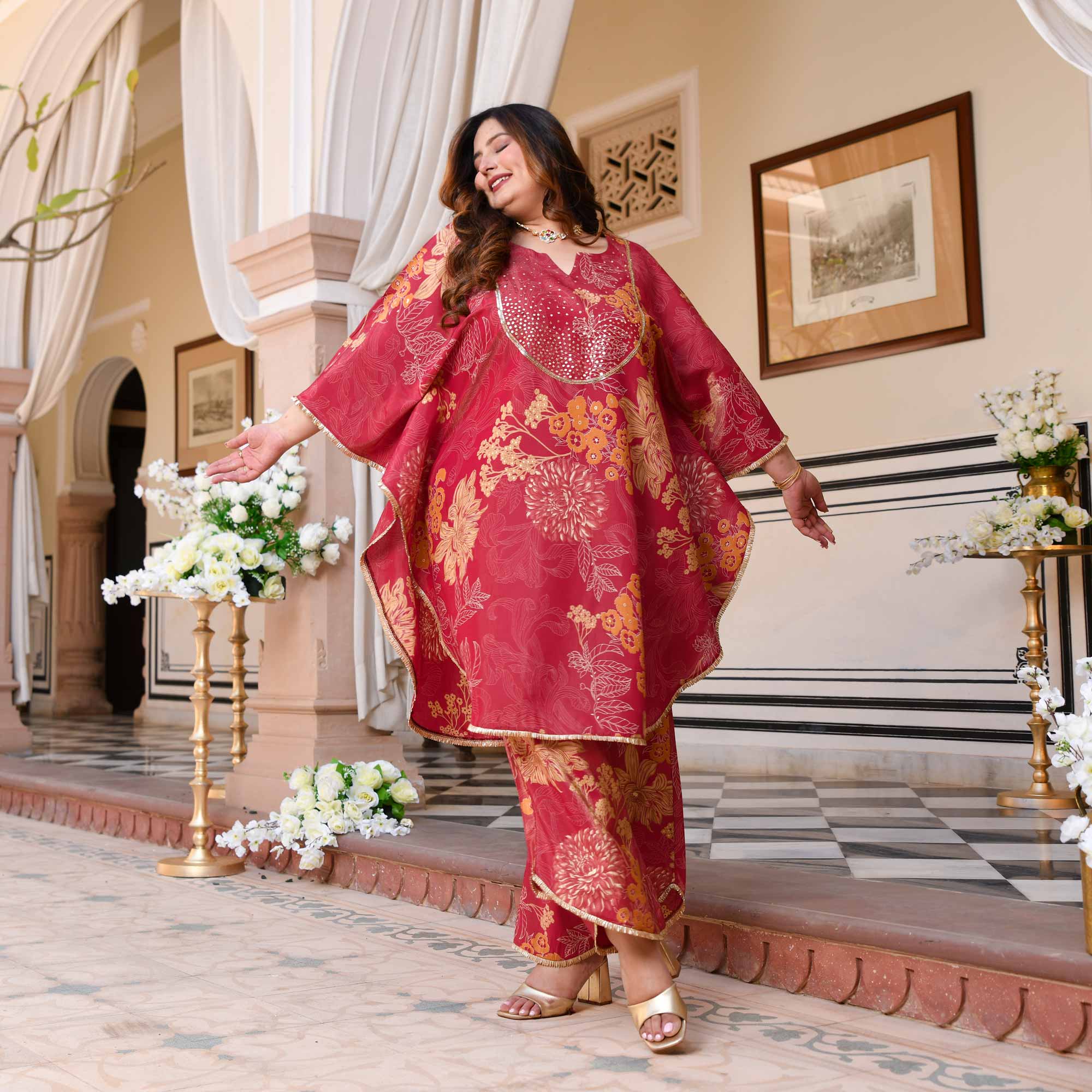 Timeless Tulips Floral Muslin Hand Embroidered Kaftan Plus Size Co-ord Set